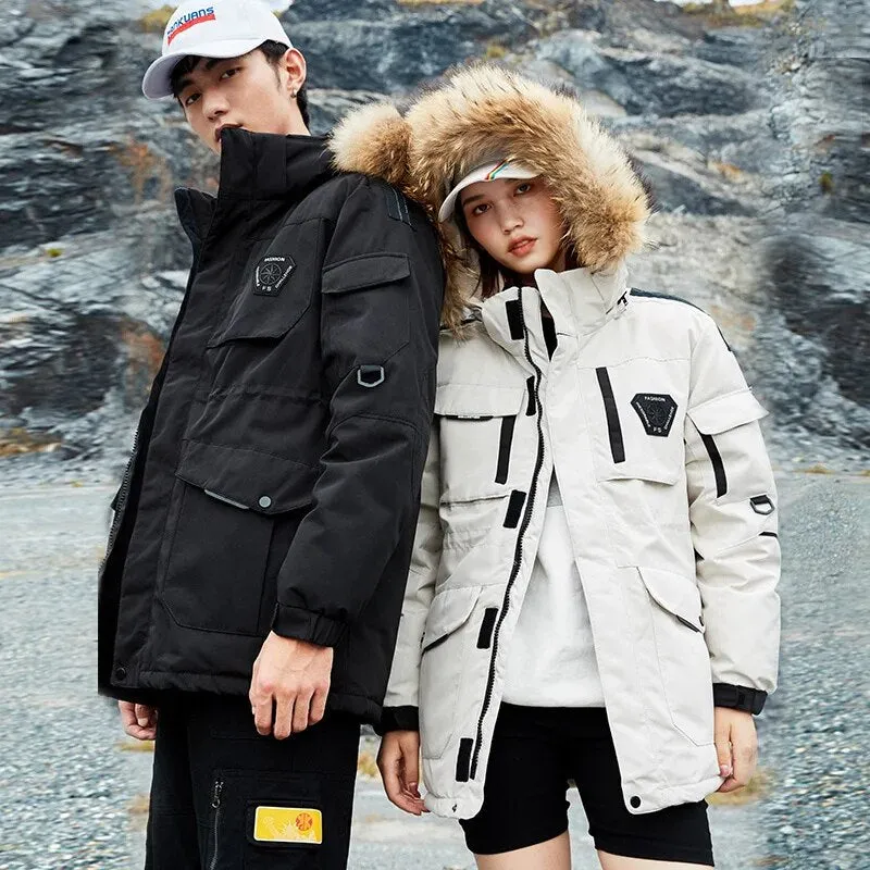 -30 Degree Snow Cold Winter White Duck Down Jacket Men Korean Fashion Couples Fur Hooded Windbreaker Thicken Warm Parka Coat