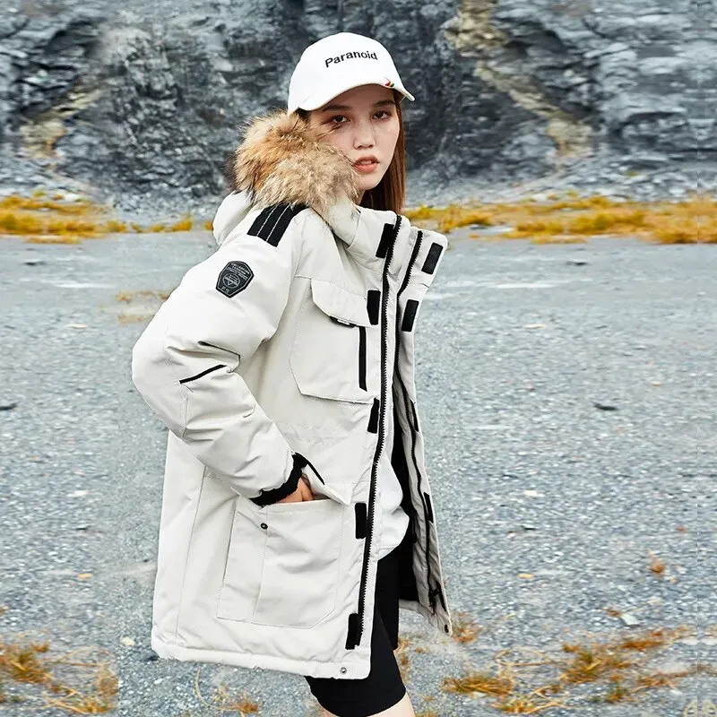 -30 Degree Snow Cold Winter White Duck Down Jacket Men Korean Fashion Couples Fur Hooded Windbreaker Thicken Warm Parka Coat