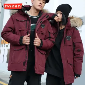 -30 Degree Snow Cold Winter White Duck Down Jacket Men Korean Fashion Couples Fur Hooded Windbreaker Thicken Warm Parka Coat