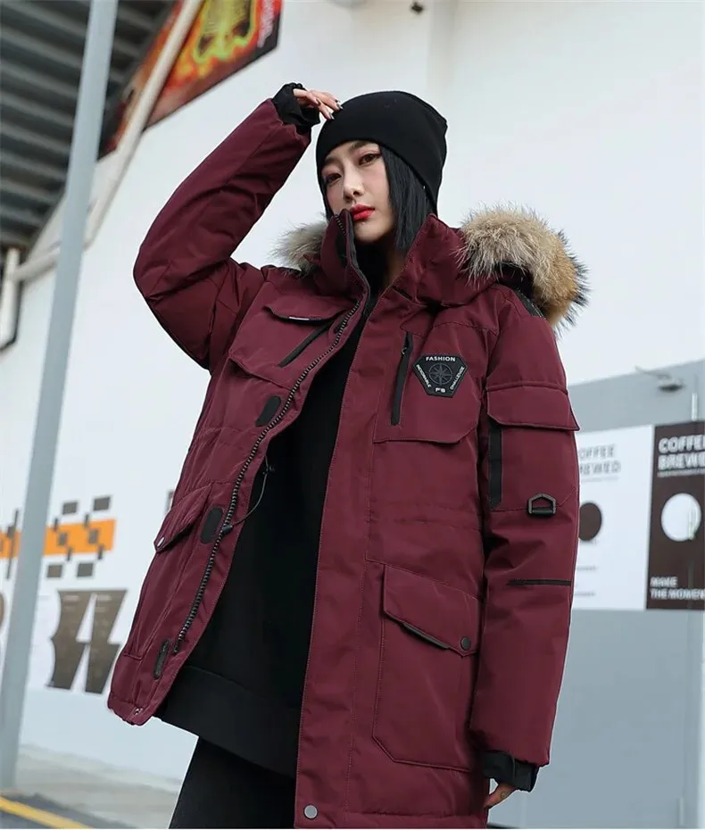 -30 Degree Snow Cold Winter White Duck Down Jacket Men Korean Fashion Couples Fur Hooded Windbreaker Thicken Warm Parka Coat