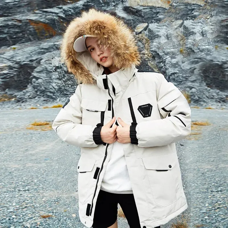 -30 Degree Snow Cold Winter White Duck Down Jacket Men Korean Fashion Couples Fur Hooded Windbreaker Thicken Warm Parka Coat