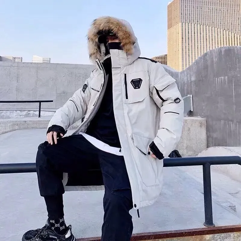 -30 Degree Snow Cold Winter White Duck Down Jacket Men Korean Fashion Couples Fur Hooded Windbreaker Thicken Warm Parka Coat