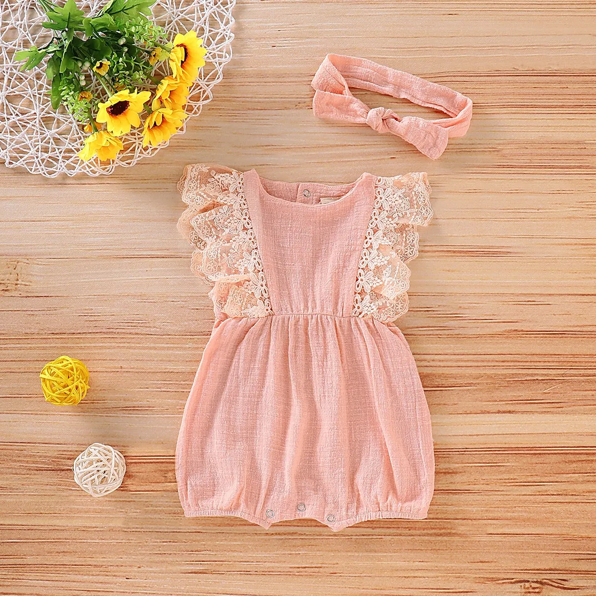 2Pcs Lace Sleeves Baby Girl Bodysuit with Headband