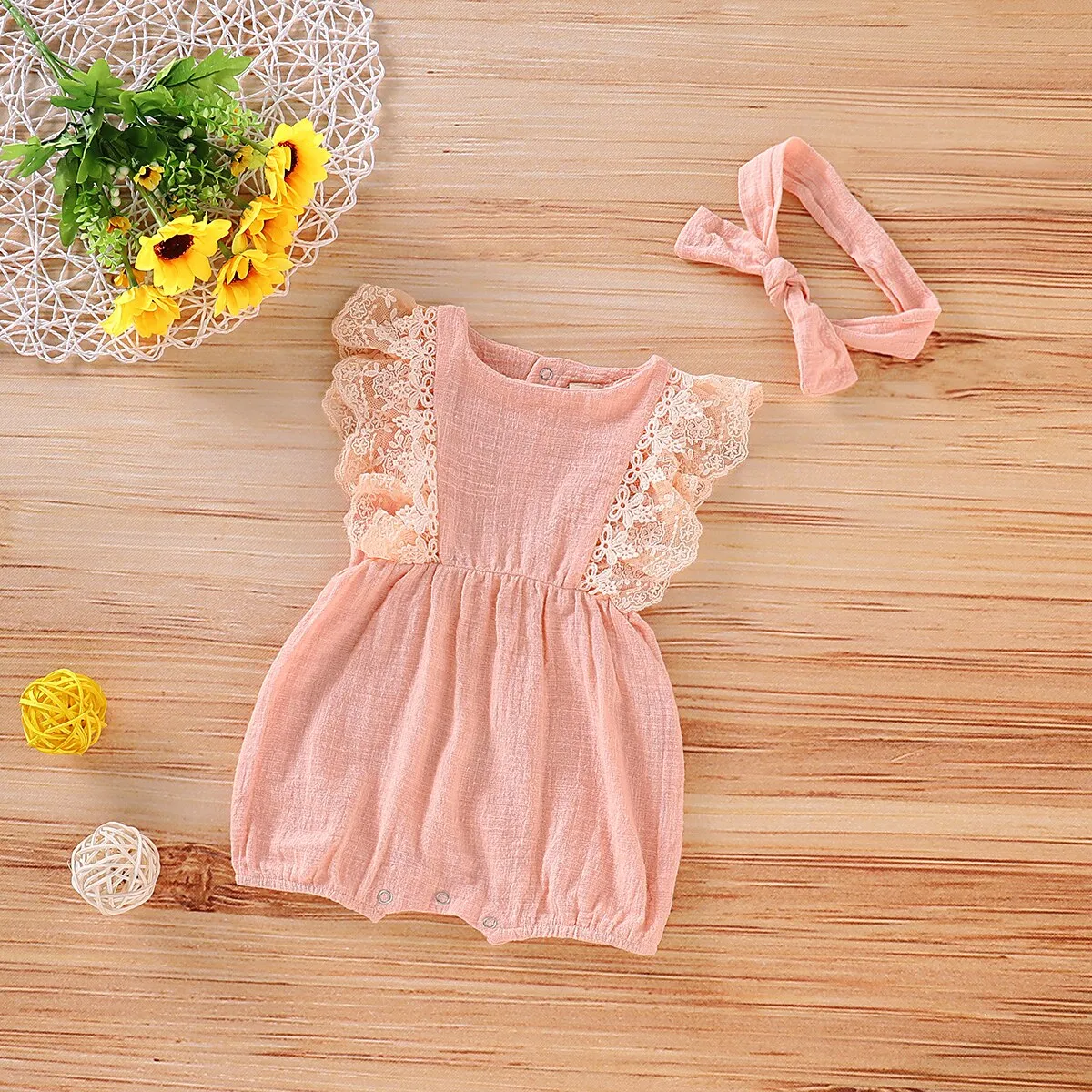 2Pcs Lace Sleeves Baby Girl Bodysuit with Headband