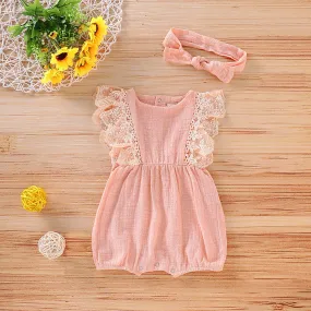 2Pcs Lace Sleeves Baby Girl Bodysuit with Headband