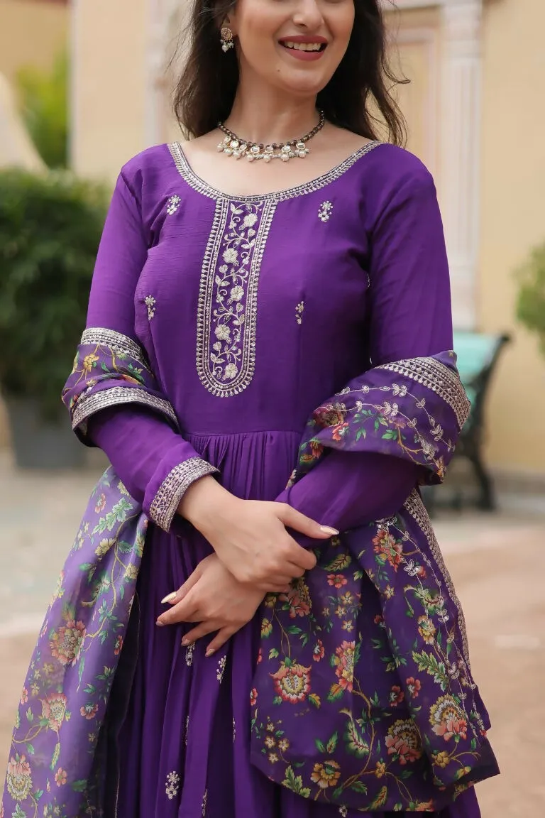 Aastha Fashion Purple Chinon Sequins Embroidered Work Gown