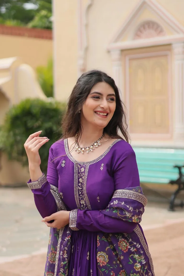 Aastha Fashion Purple Chinon Sequins Embroidered Work Gown