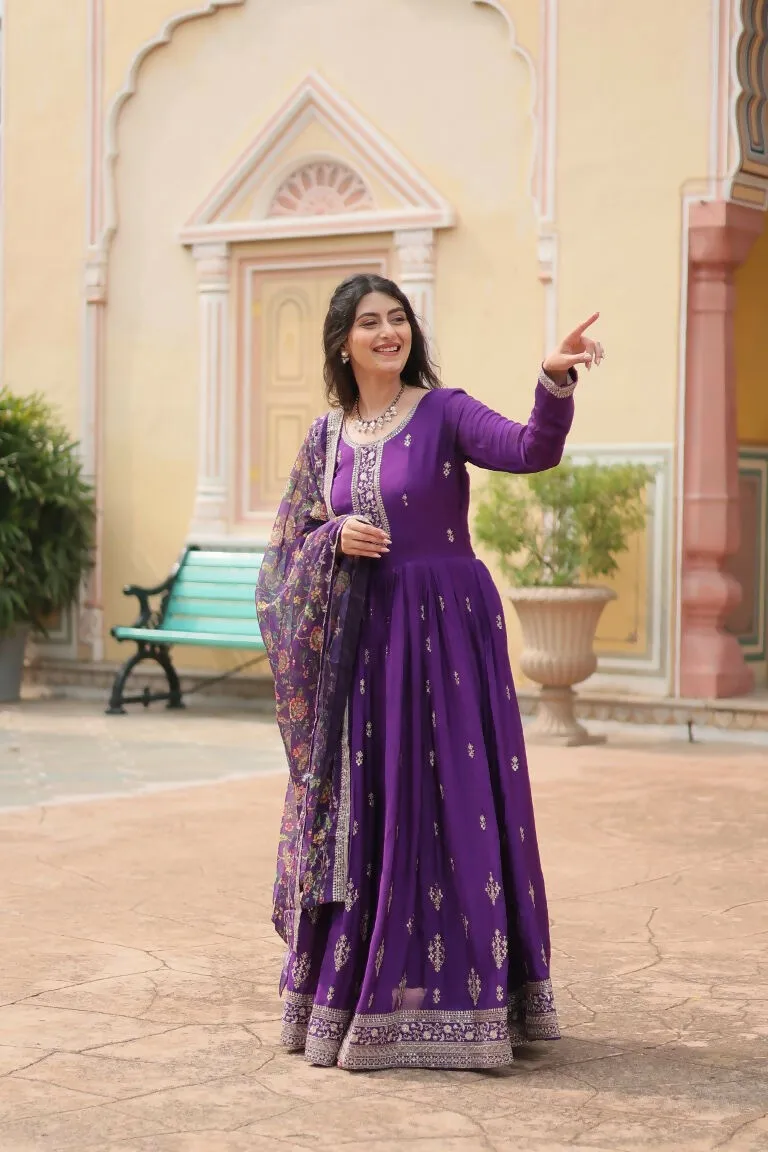 Aastha Fashion Purple Chinon Sequins Embroidered Work Gown