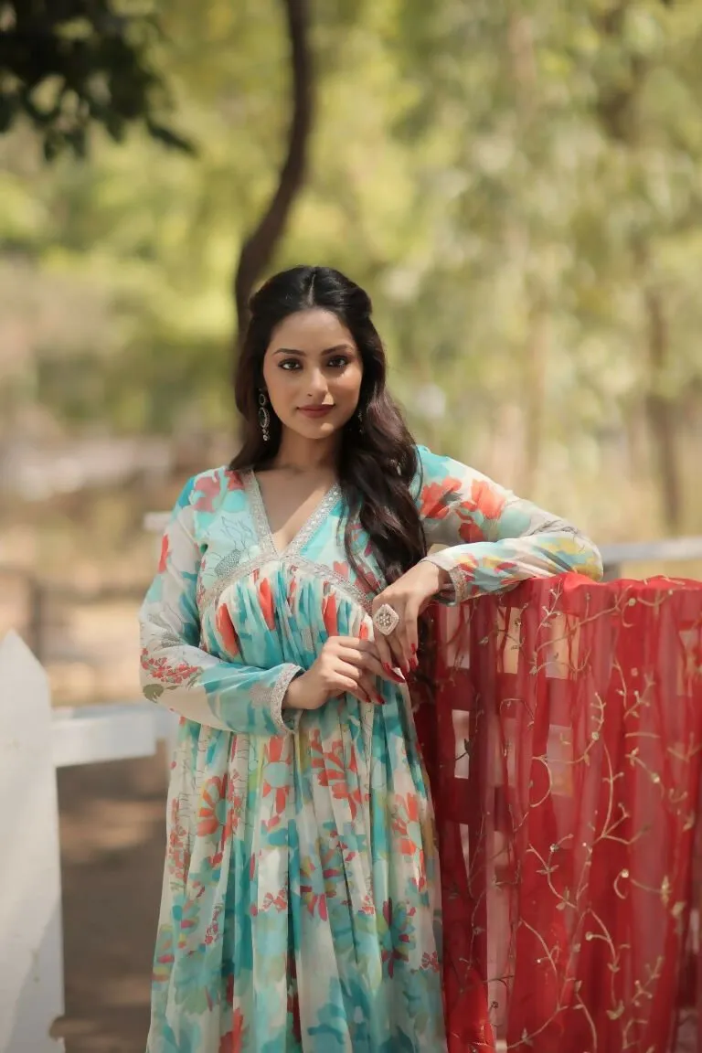 Aastha Fashion Women's Sky Russian silk Digital Printed Gown with Dupatta