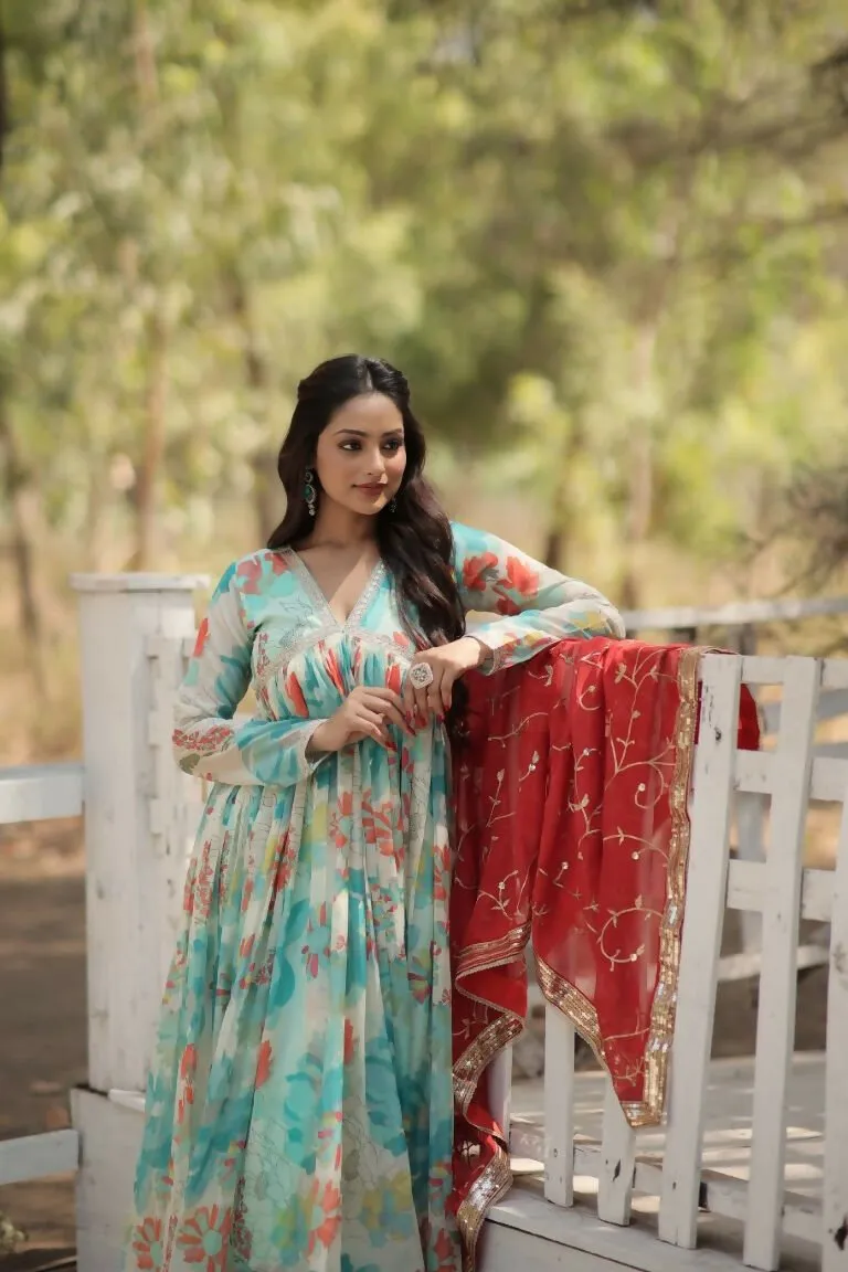 Aastha Fashion Women's Sky Russian silk Digital Printed Gown with Dupatta