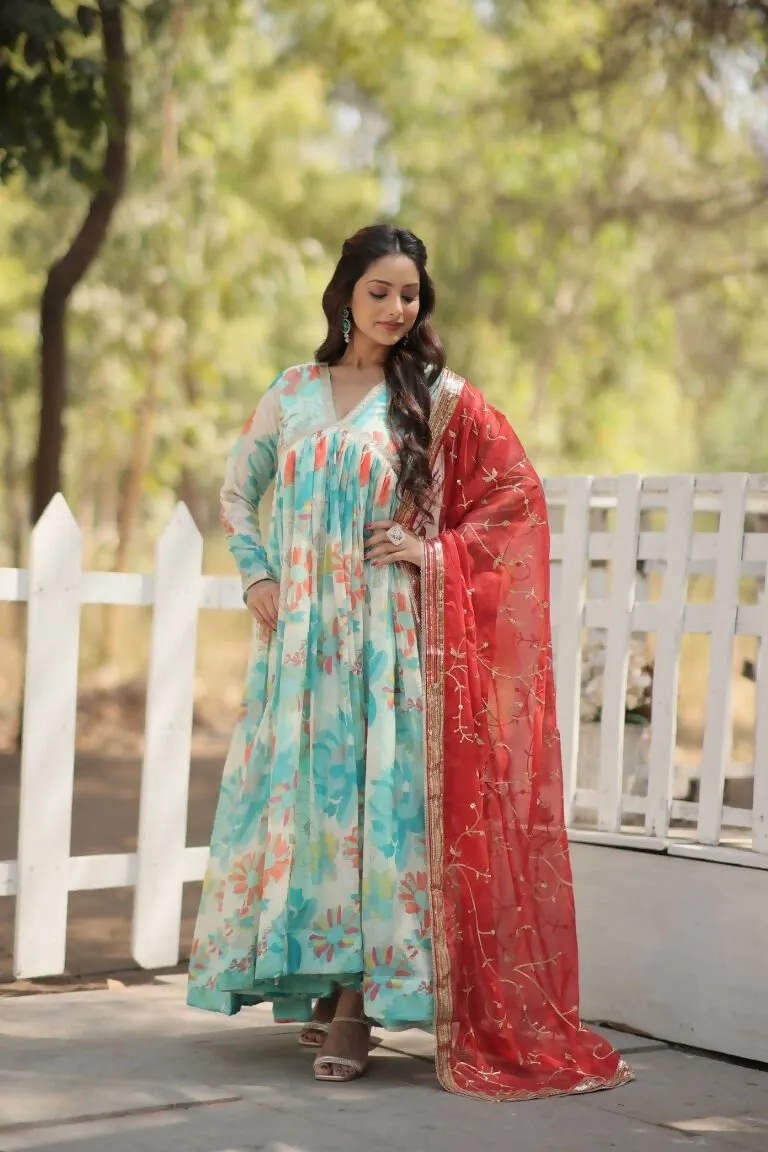 Aastha Fashion Women's Sky Russian silk Digital Printed Gown with Dupatta