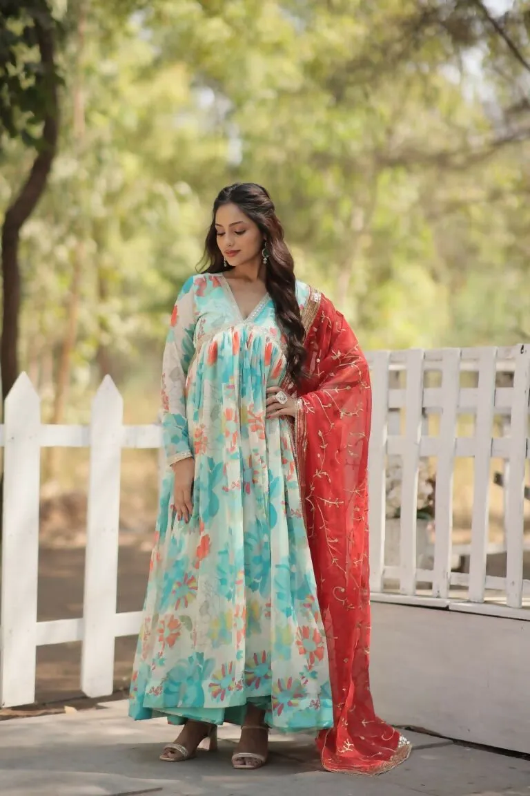 Aastha Fashion Women's Sky Russian silk Digital Printed Gown with Dupatta