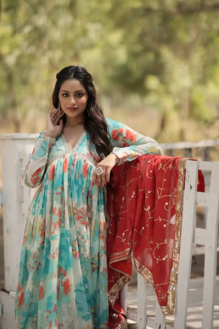 Aastha Fashion Women's Sky Russian silk Digital Printed Gown with Dupatta