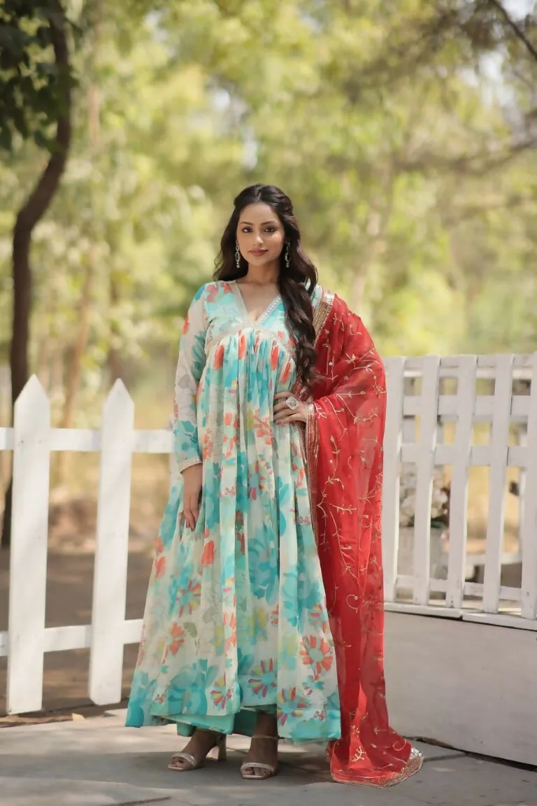 Aastha Fashion Women's Sky Russian silk Digital Printed Gown with Dupatta