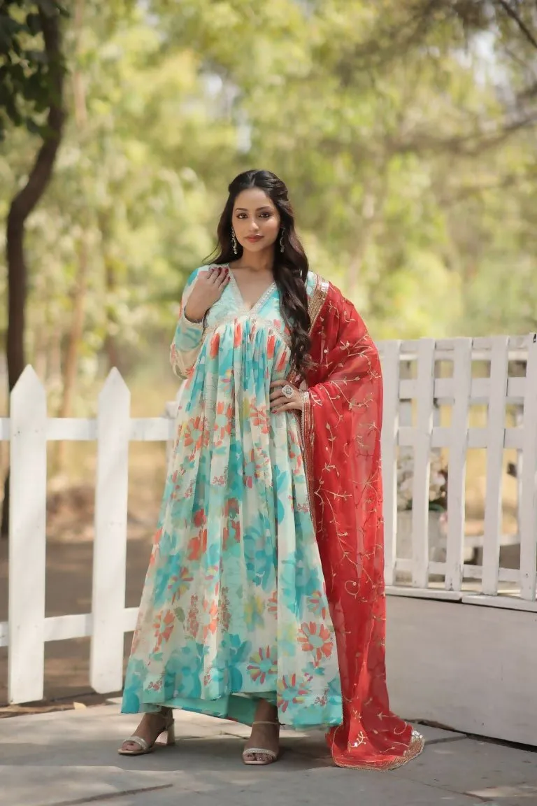 Aastha Fashion Women's Sky Russian silk Digital Printed Gown with Dupatta