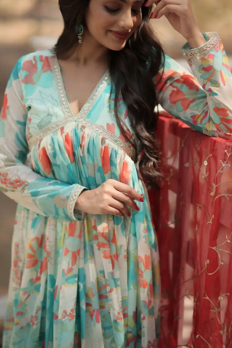 Aastha Fashion Women's Sky Russian silk Digital Printed Gown with Dupatta