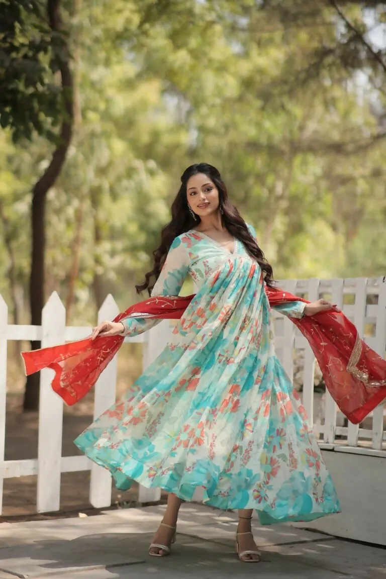 Aastha Fashion Women's Sky Russian silk Digital Printed Gown with Dupatta