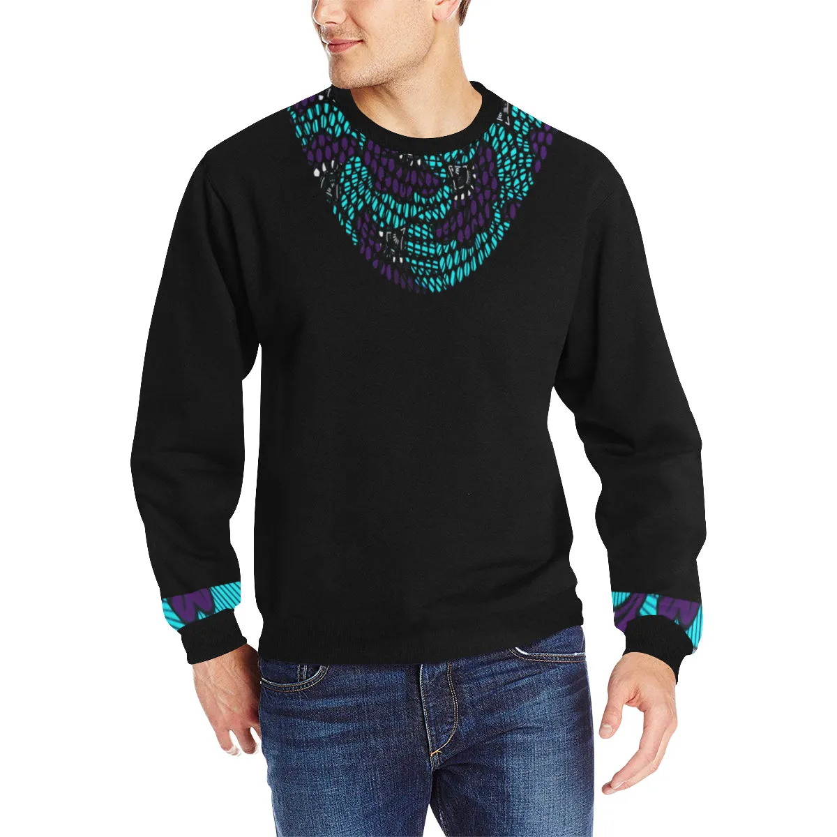 AFRIKA FLOWER STRASS Men's Rib Cuff Crew Neck Sweatshirt