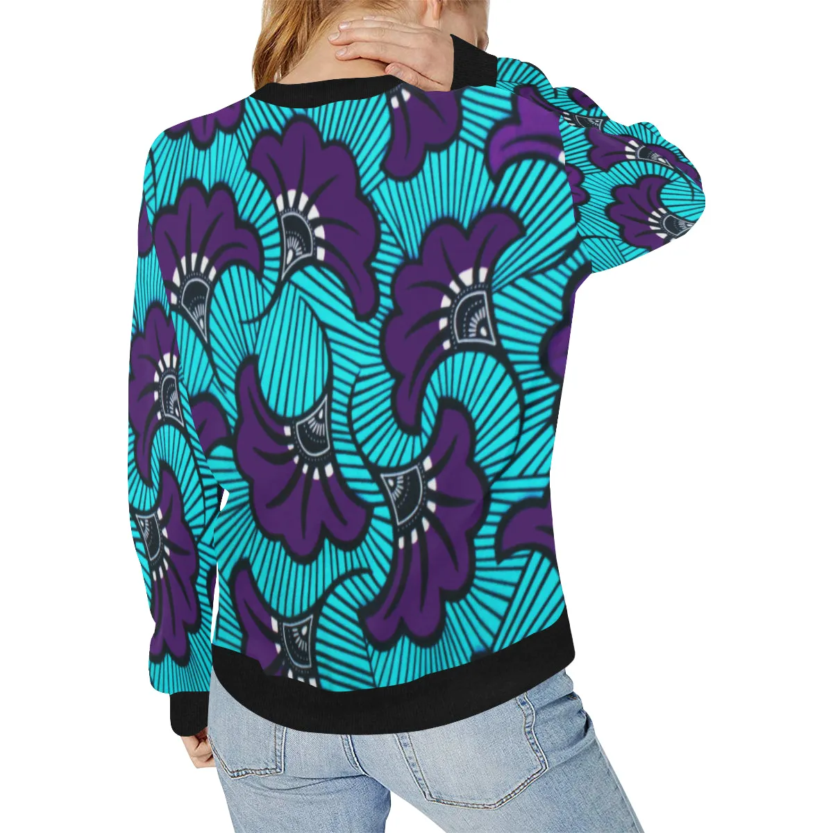 AFRIKA FLOWER Women's Rib Cuff Crew Neck Sweatshirt