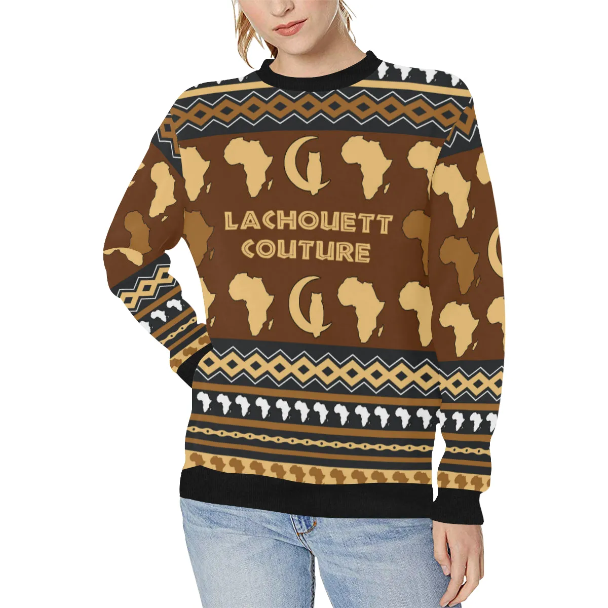 AFRIKA ORNEMENT Women's Rib Cuff Crew Neck Sweatshirt