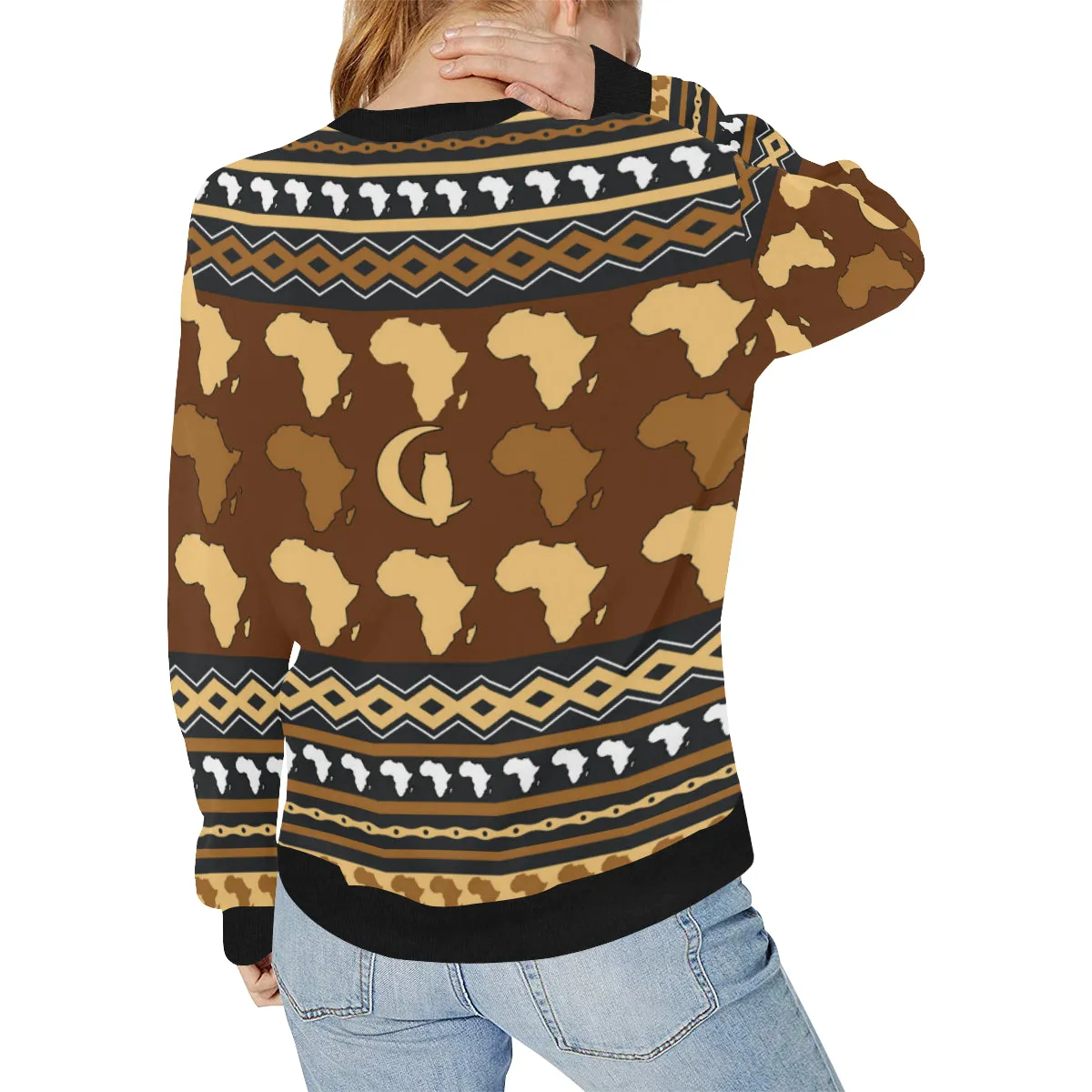 AFRIKA ORNEMENT Women's Rib Cuff Crew Neck Sweatshirt