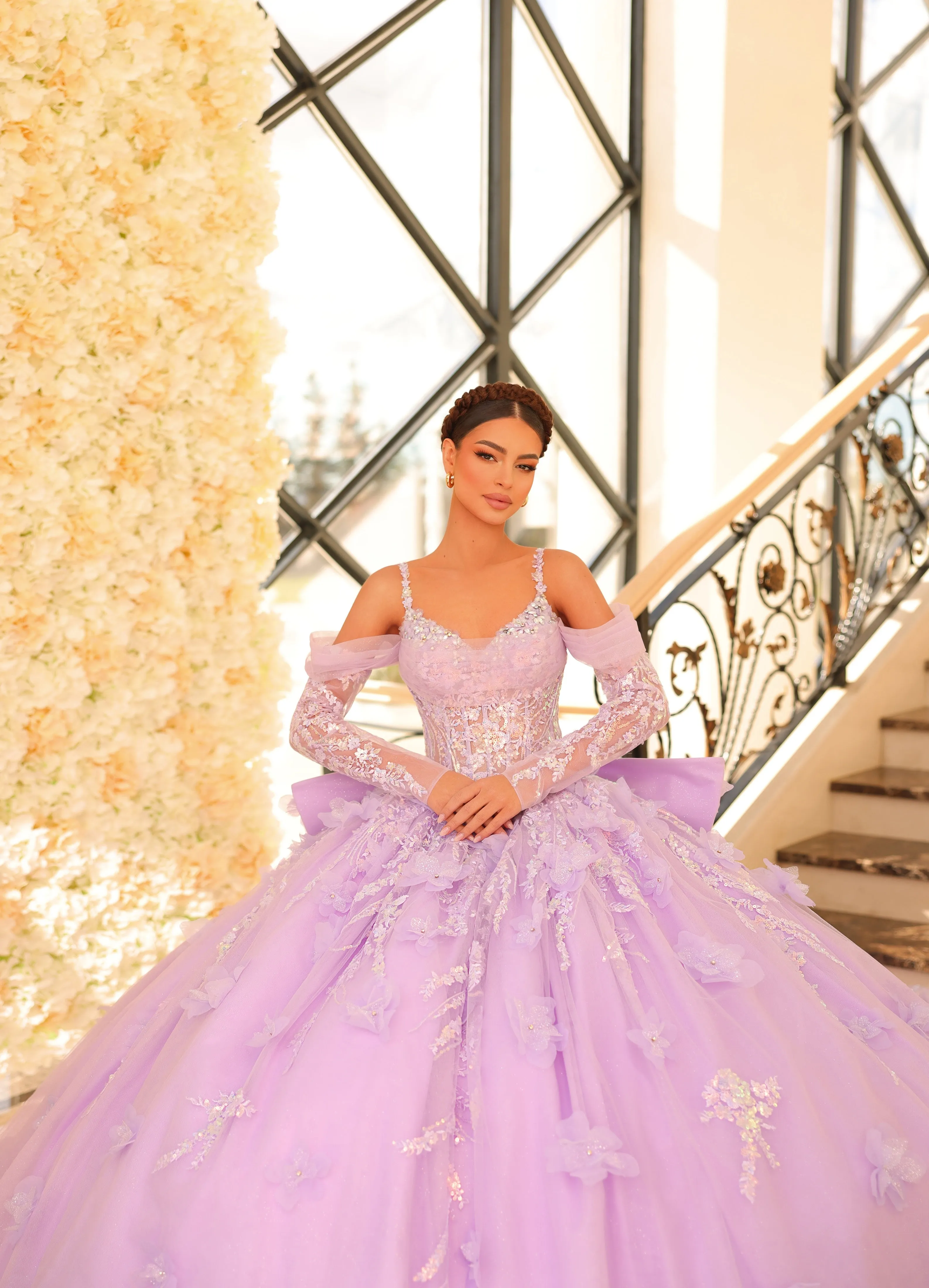 Amarra 54204 Quinceanera Dress Train Long Sleeve Bow Flowers Sequins Ballgown off the Shoulder