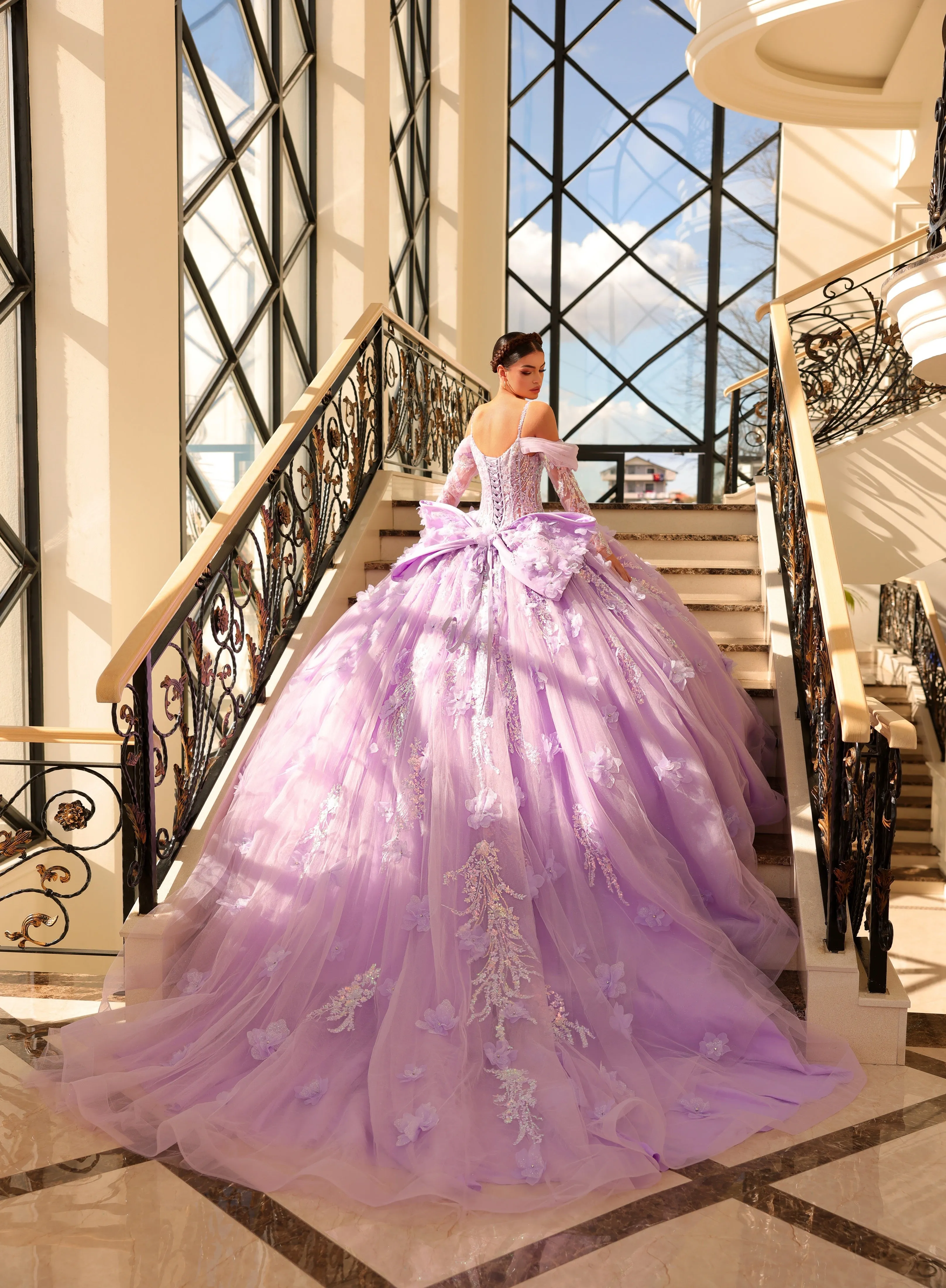Amarra 54204 Quinceanera Dress Train Long Sleeve Bow Flowers Sequins Ballgown off the Shoulder