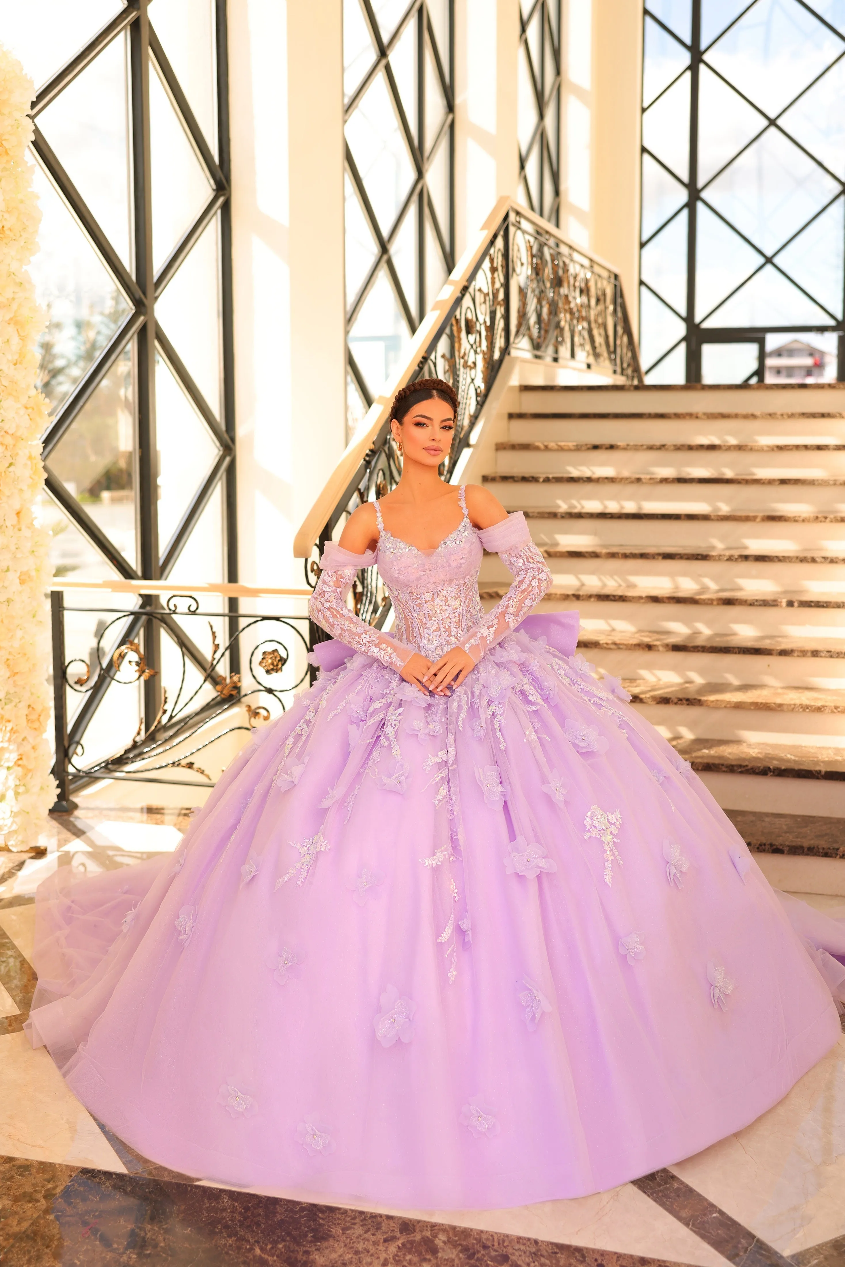 Amarra 54204 Quinceanera Dress Train Long Sleeve Bow Flowers Sequins Ballgown off the Shoulder