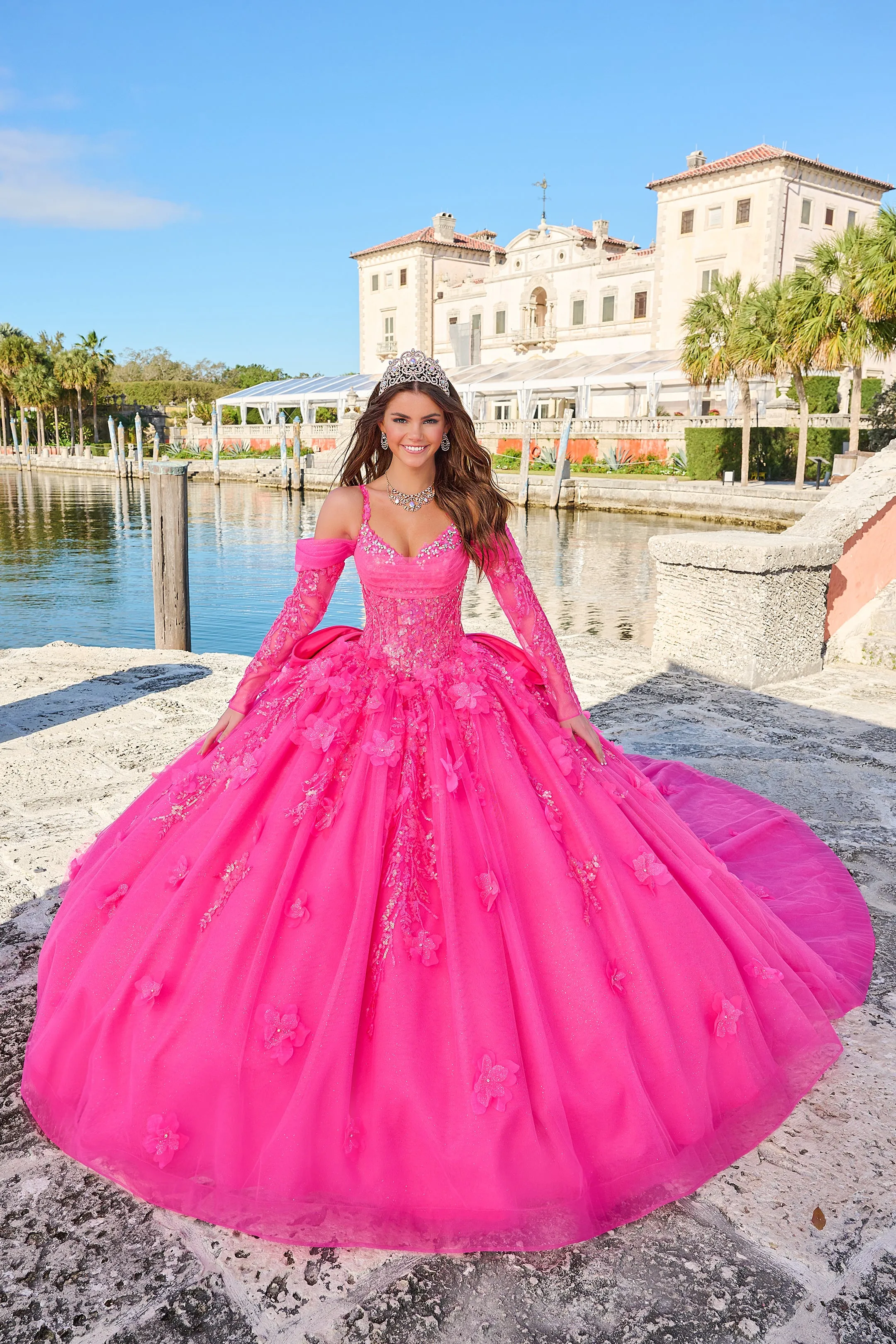 Amarra 54204 Quinceanera Dress Train Long Sleeve Bow Flowers Sequins Ballgown off the Shoulder