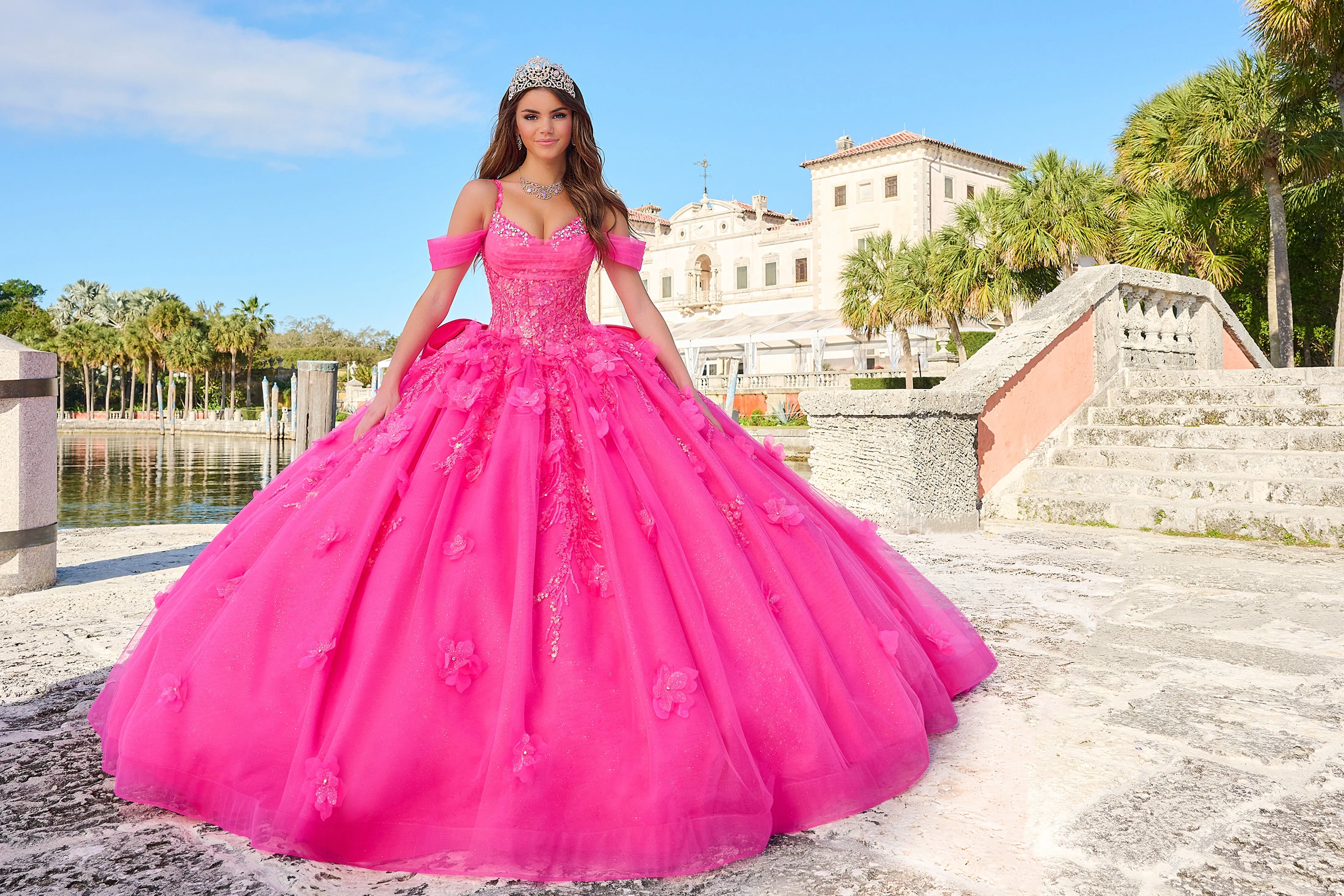 Amarra 54204 Quinceanera Dress Train Long Sleeve Bow Flowers Sequins Ballgown off the Shoulder