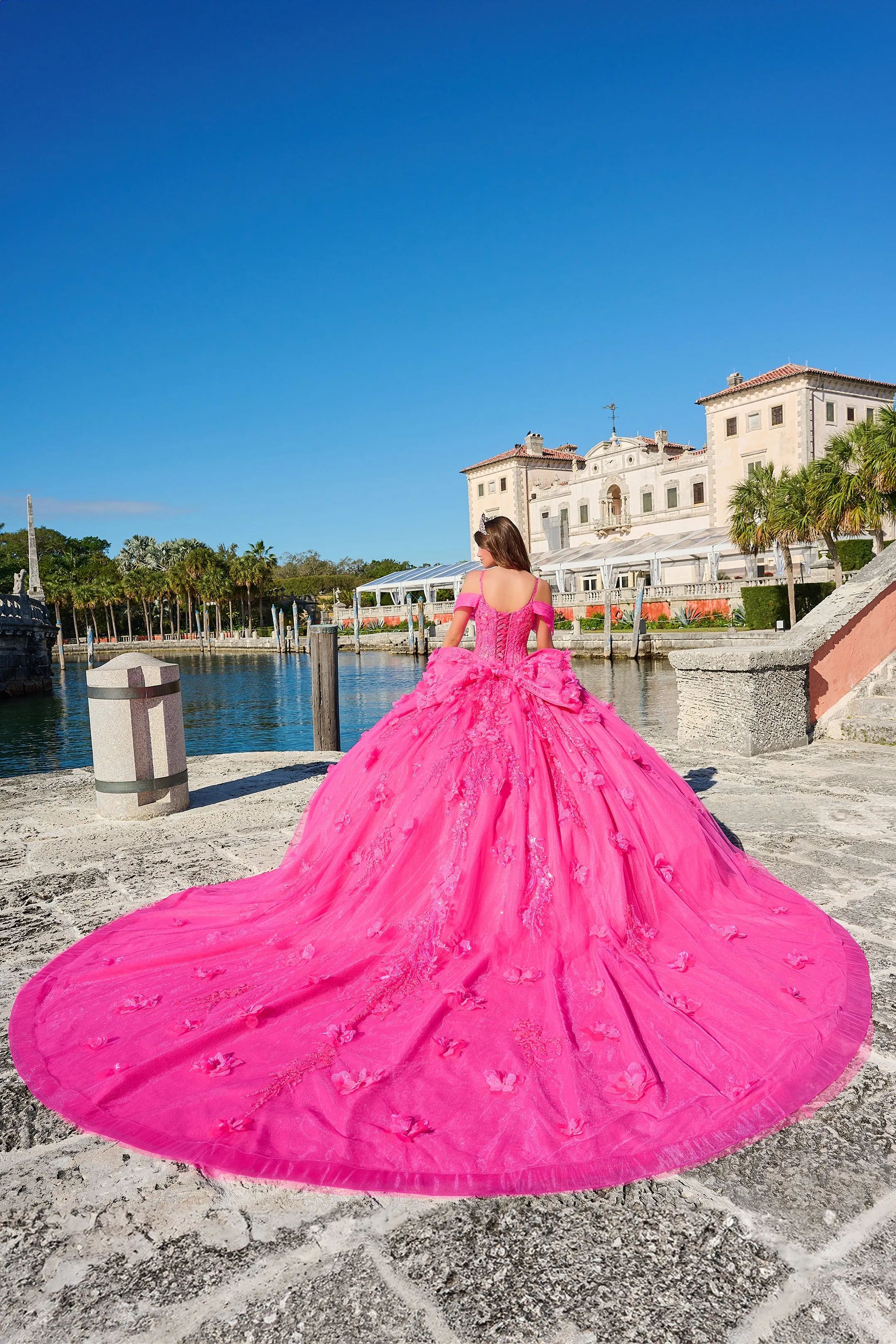 Amarra 54204 Quinceanera Dress Train Long Sleeve Bow Flowers Sequins Ballgown off the Shoulder