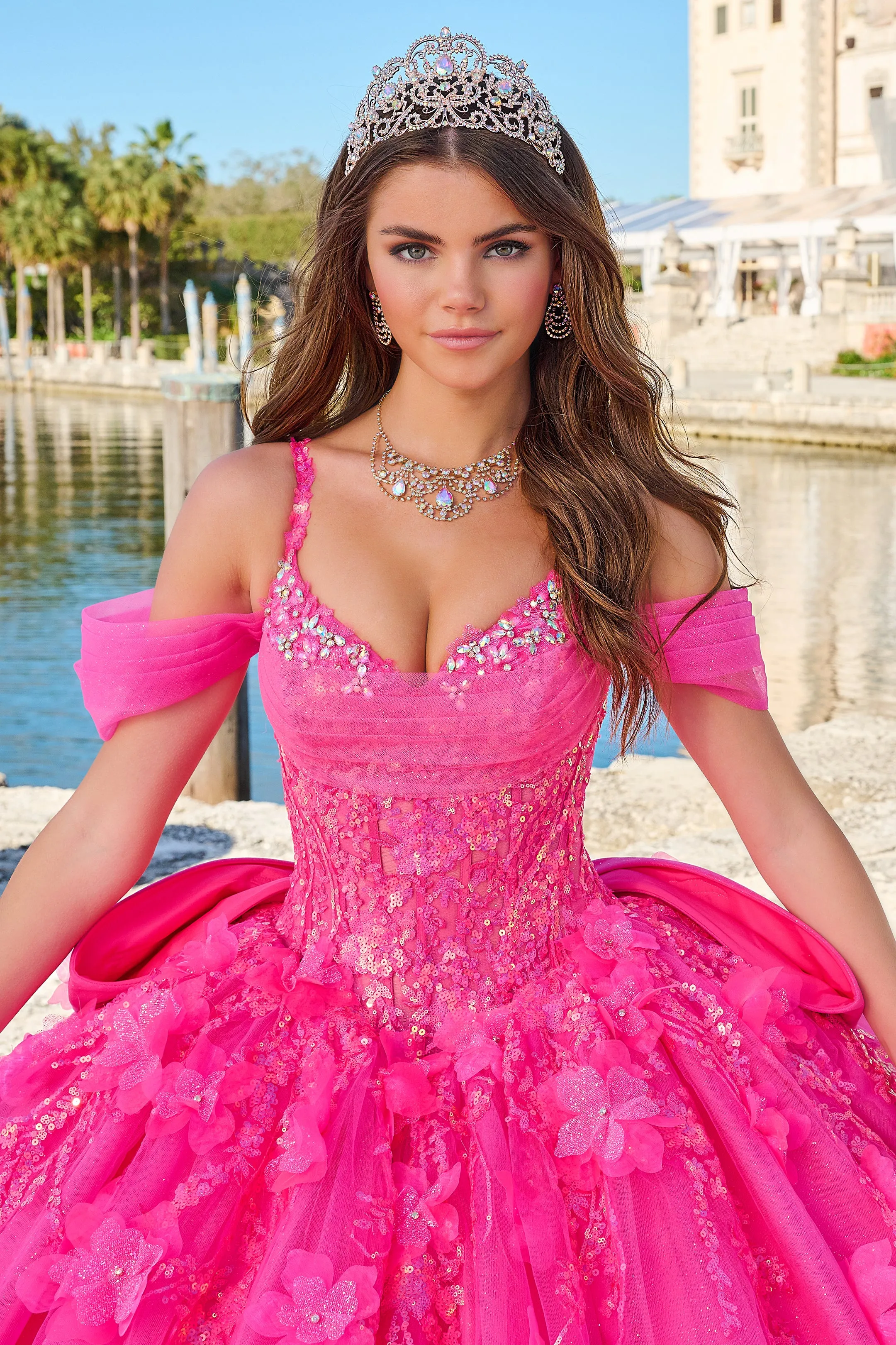 Amarra 54204 Quinceanera Dress Train Long Sleeve Bow Flowers Sequins Ballgown off the Shoulder