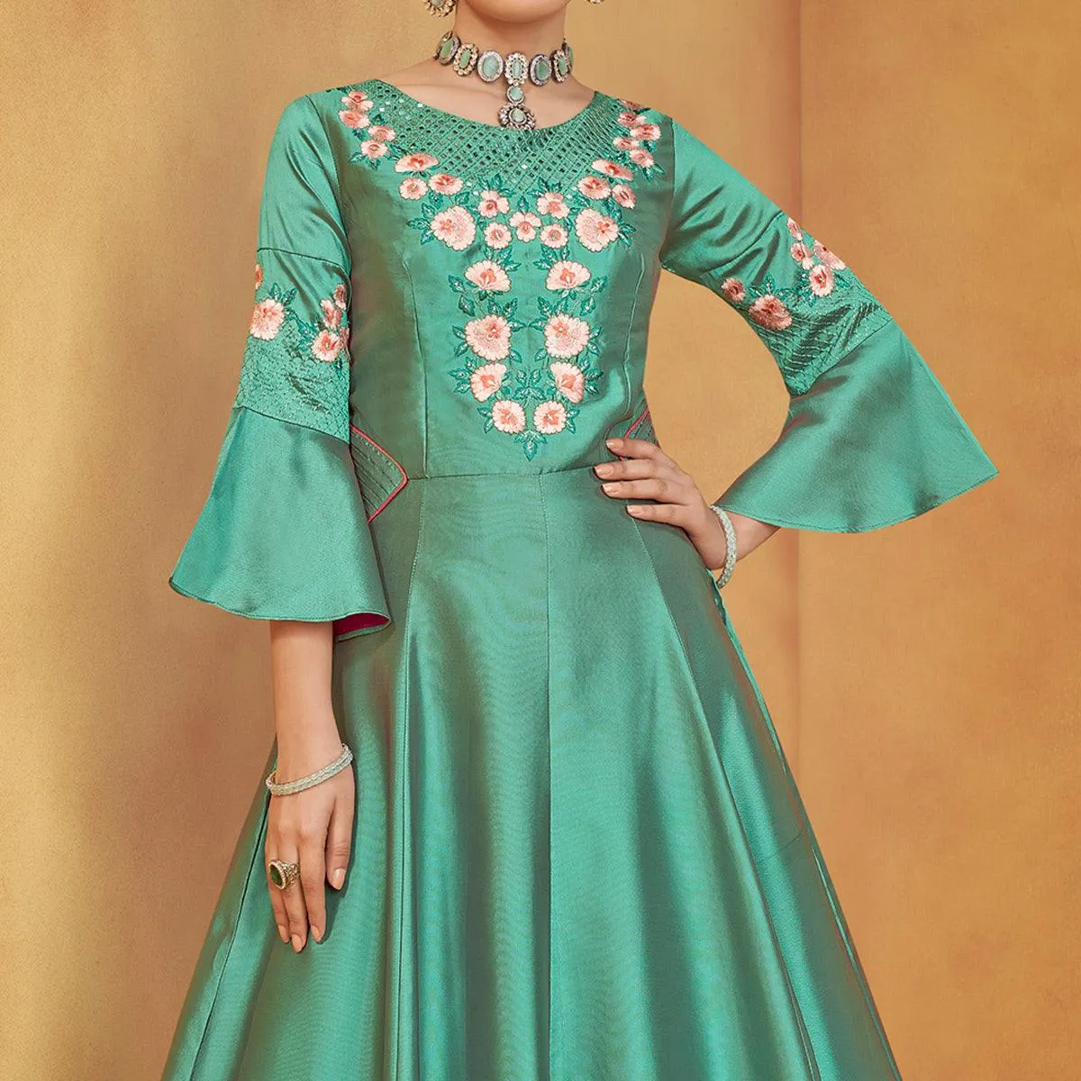 Aqua Green Party Wear Embroidered Tapetta Gown