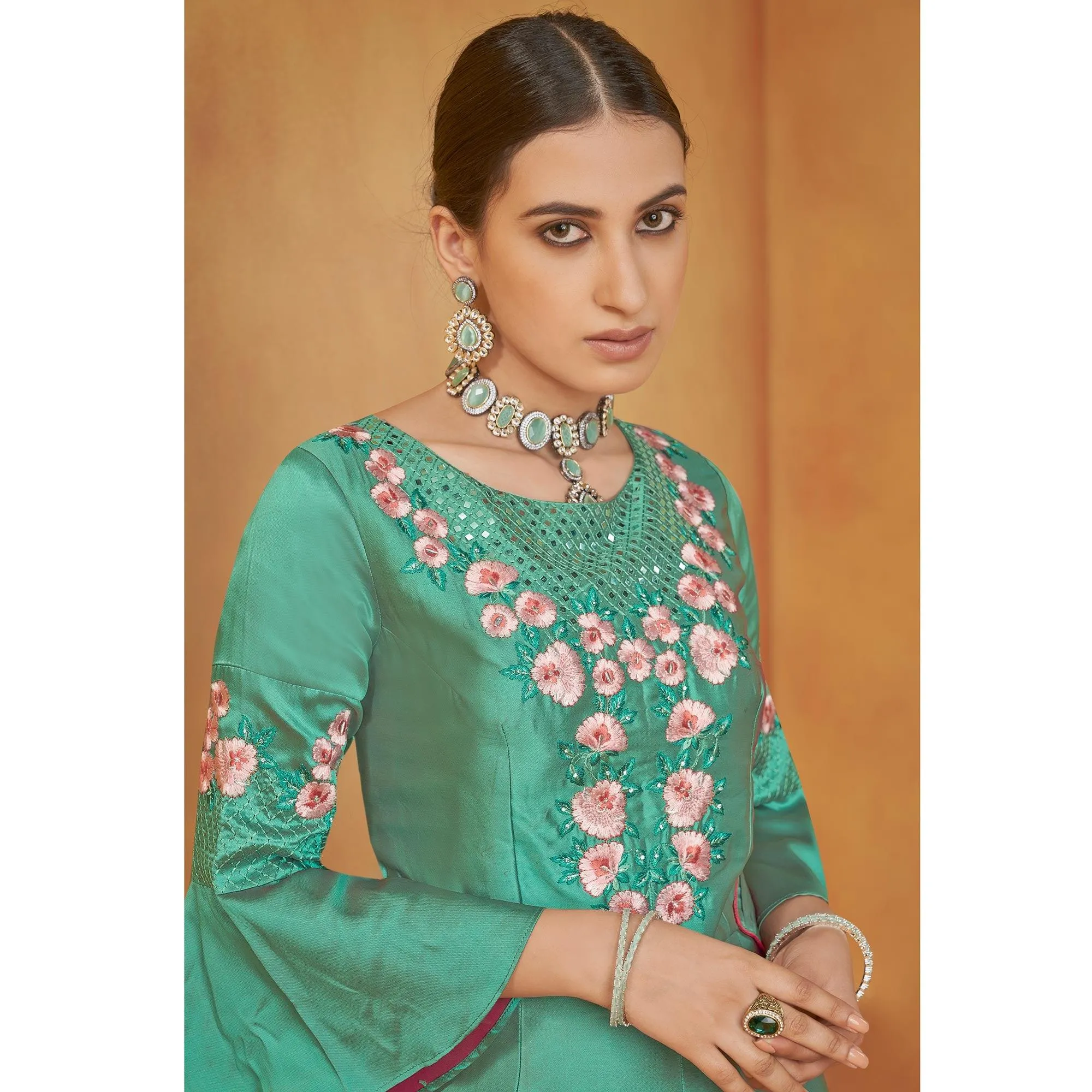Aqua Green Party Wear Embroidered Tapetta Gown