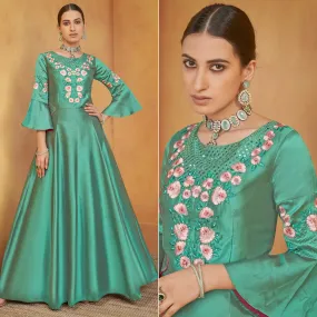 Aqua Green Party Wear Embroidered Tapetta Gown