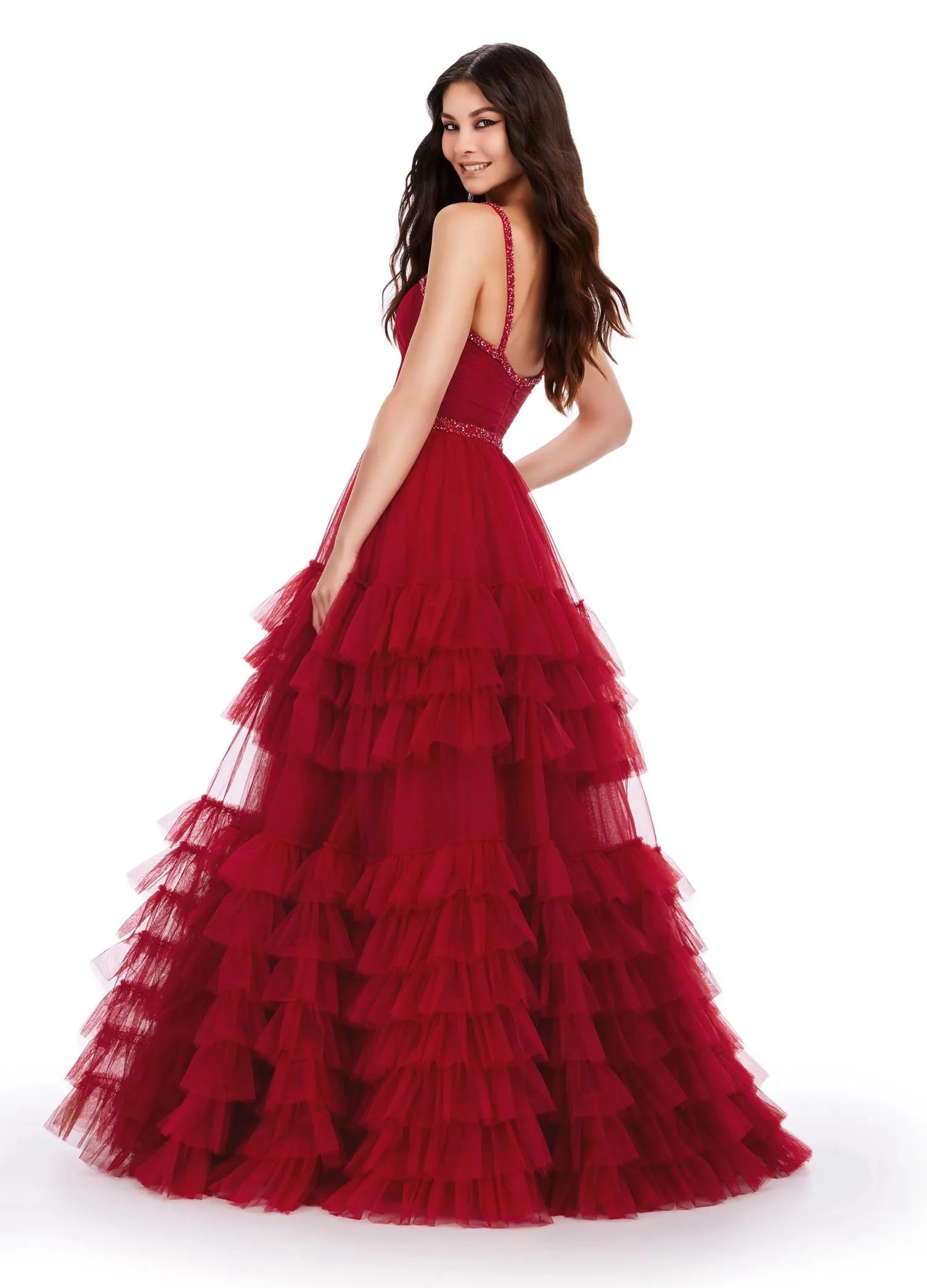Ashley Lauren 11603 Long Tulle Ruffle Layer Ballgown Prom Dress Beaded Corset Pageant Gown