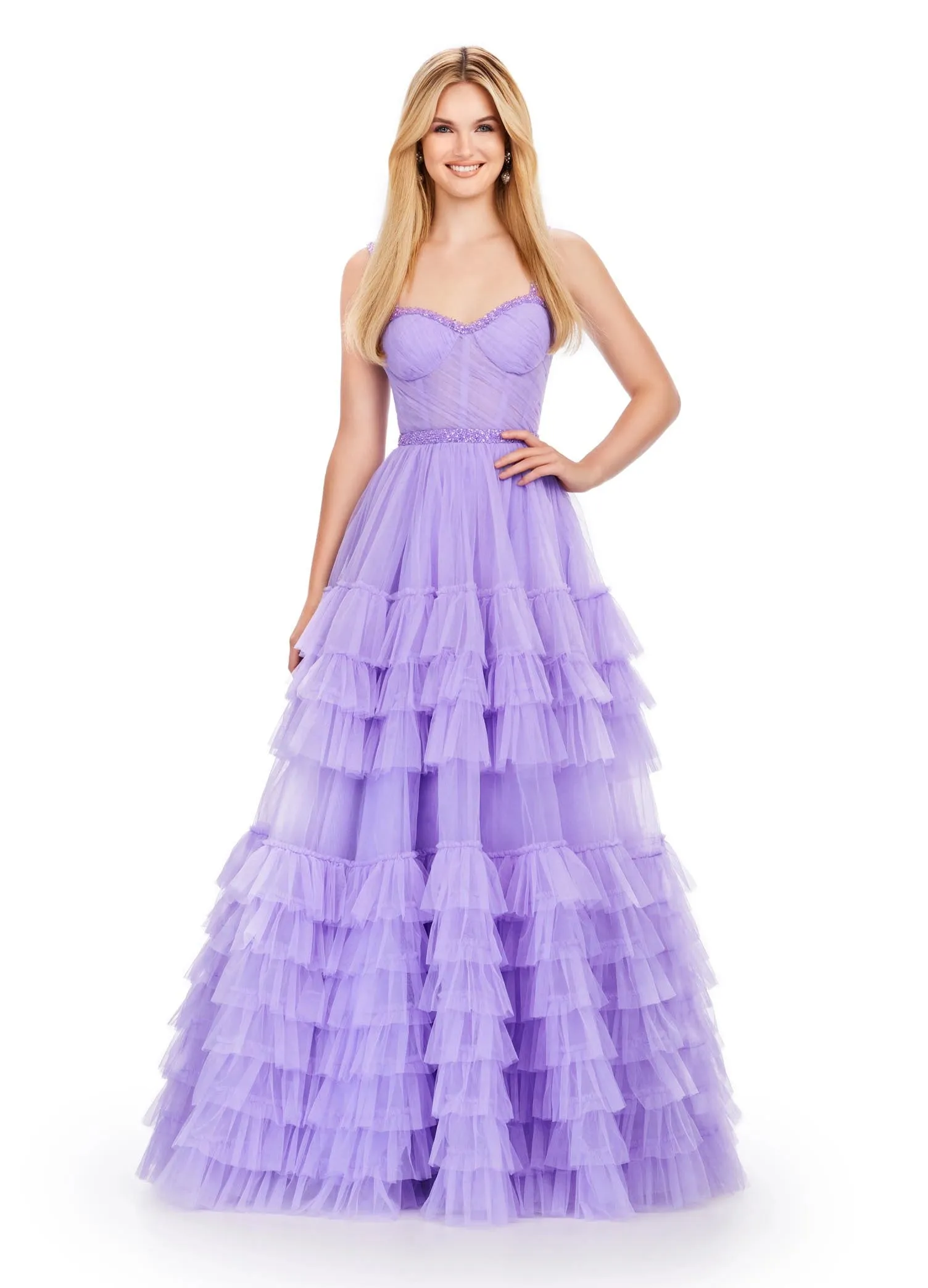 Ashley Lauren 11603 Long Tulle Ruffle Layer Ballgown Prom Dress Beaded Corset Pageant Gown