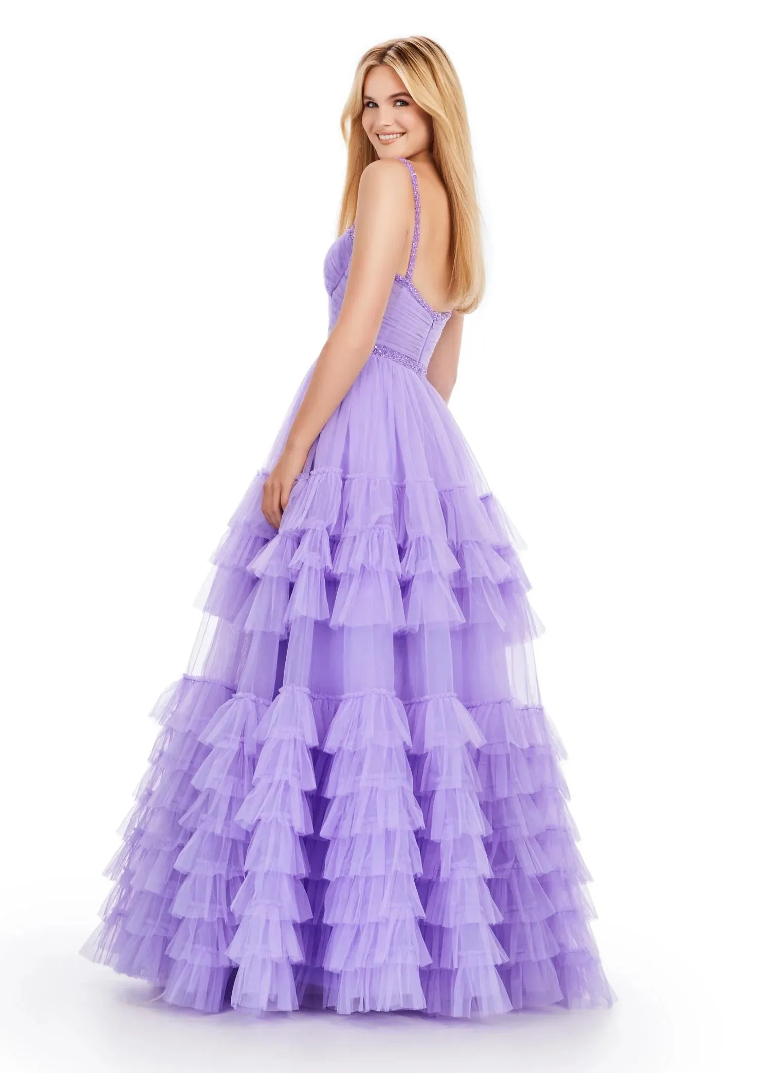 Ashley Lauren 11603 Size 6 Lilac Tulle Ruffle Layer Ballgown Prom Dress Beaded Corset Pageant Gown