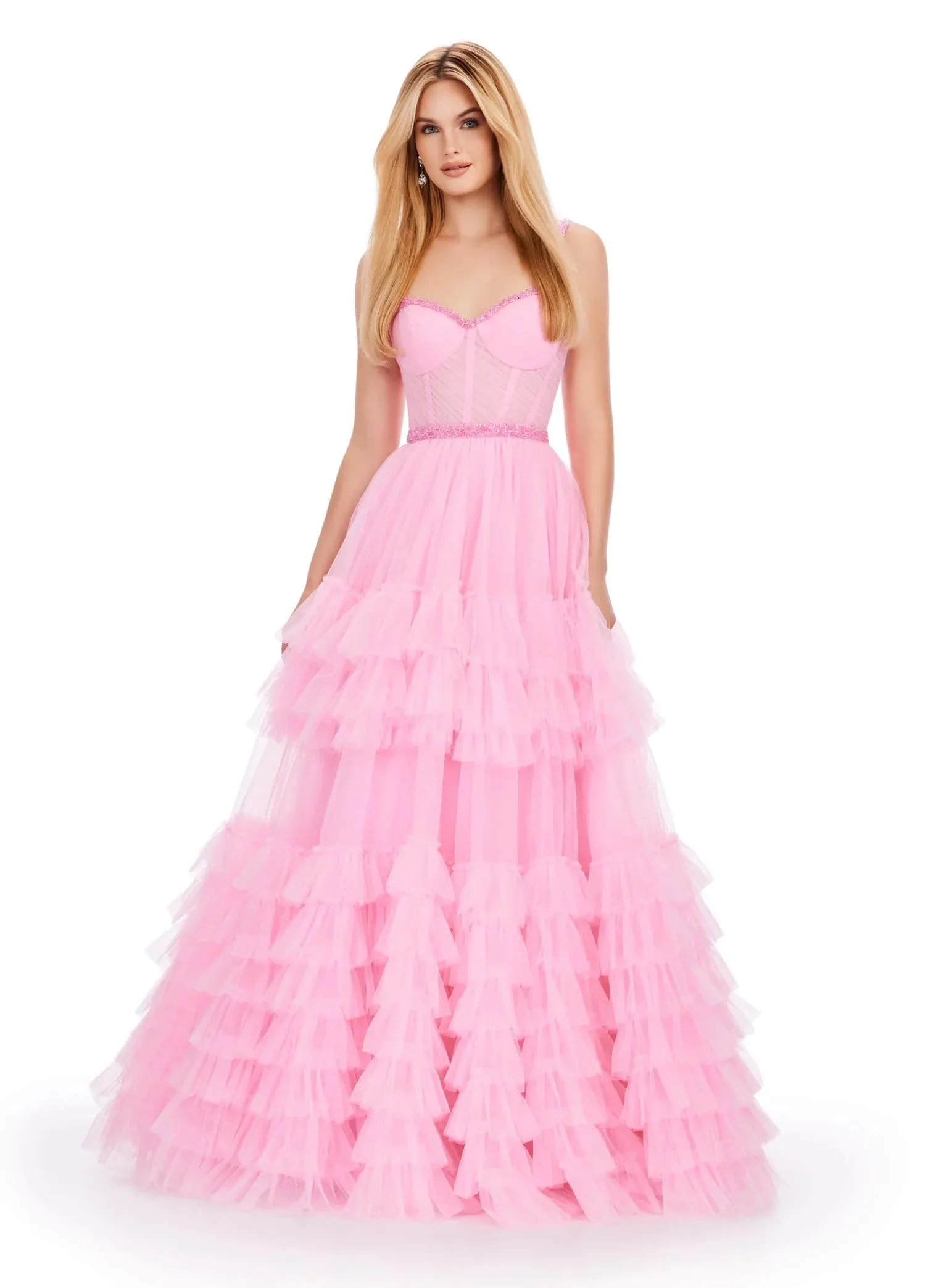 Ashley Lauren 11603 Size 6 Lilac Tulle Ruffle Layer Ballgown Prom Dress Beaded Corset Pageant Gown