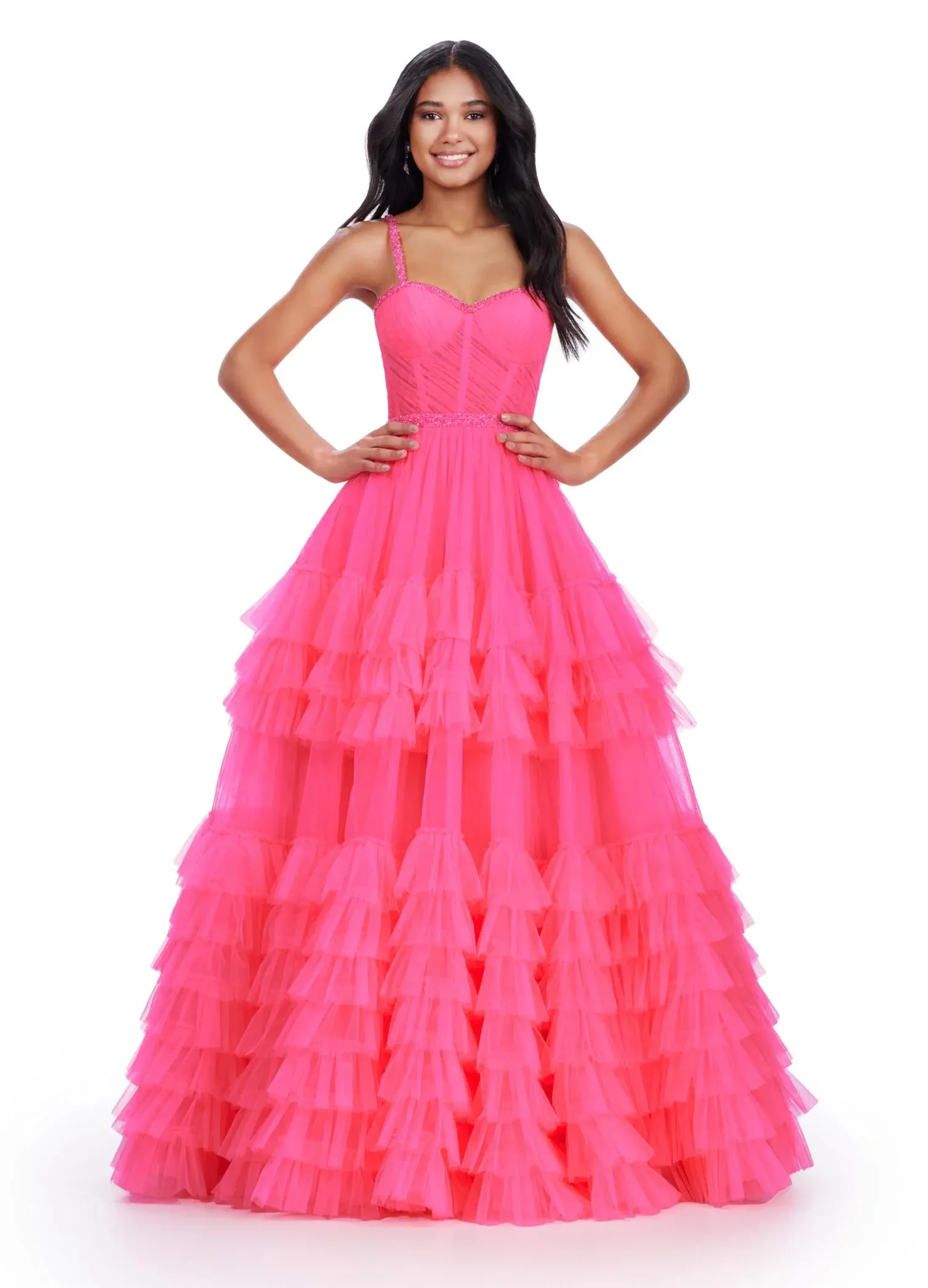Ashley Lauren 11603 Size 6 Lilac Tulle Ruffle Layer Ballgown Prom Dress Beaded Corset Pageant Gown
