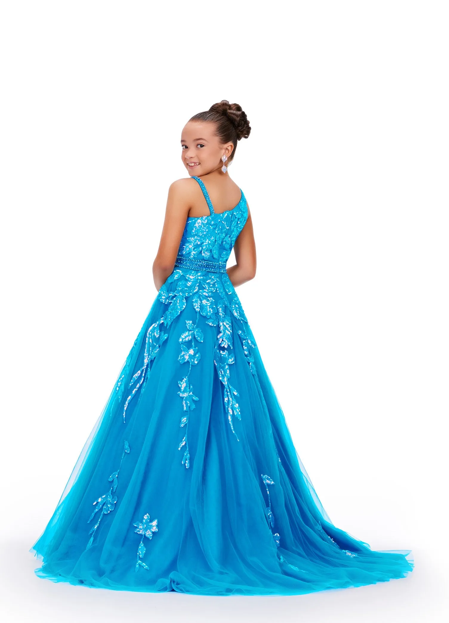Ashley Lauren Kids 8240 Size 6 Neon Green Girls Long Tulle Sequin Lace Ballgown Pageant Dress One Shoulder