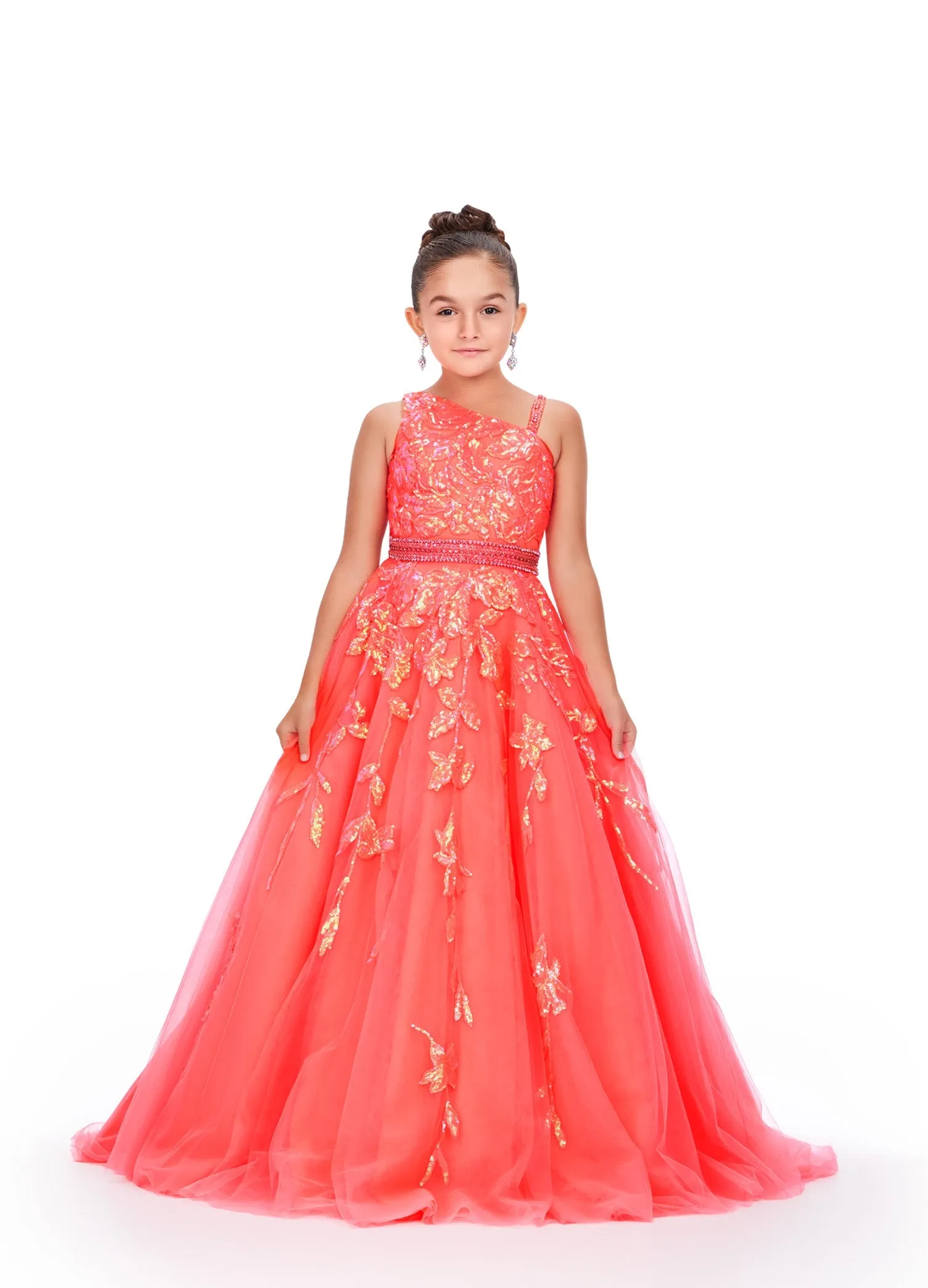 Ashley Lauren Kids 8240 Size 6 Neon Green Girls Long Tulle Sequin Lace Ballgown Pageant Dress One Shoulder
