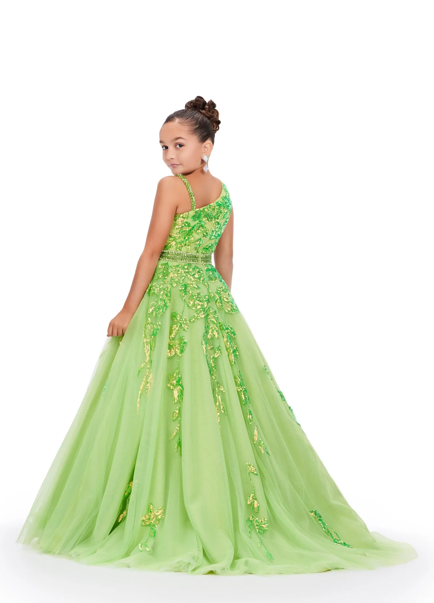 Ashley Lauren Kids 8240 Size 6 Neon Green Girls Long Tulle Sequin Lace Ballgown Pageant Dress One Shoulder