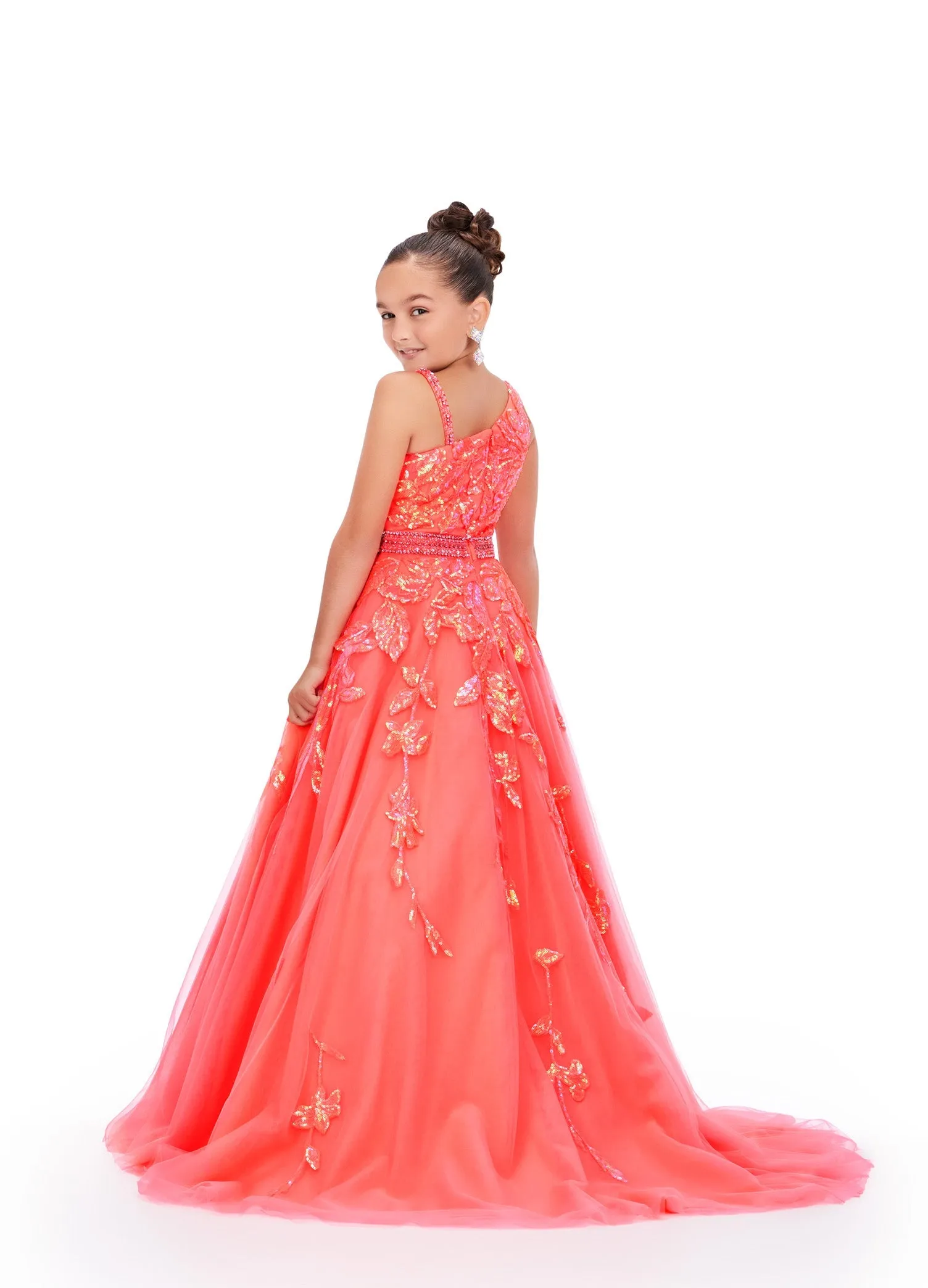 Ashley Lauren Kids 8240 Size 6 Neon Green Girls Long Tulle Sequin Lace Ballgown Pageant Dress One Shoulder