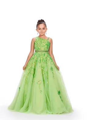 Ashley Lauren Kids 8240 Size 6 Neon Green Girls Long Tulle Sequin Lace Ballgown Pageant Dress One Shoulder
