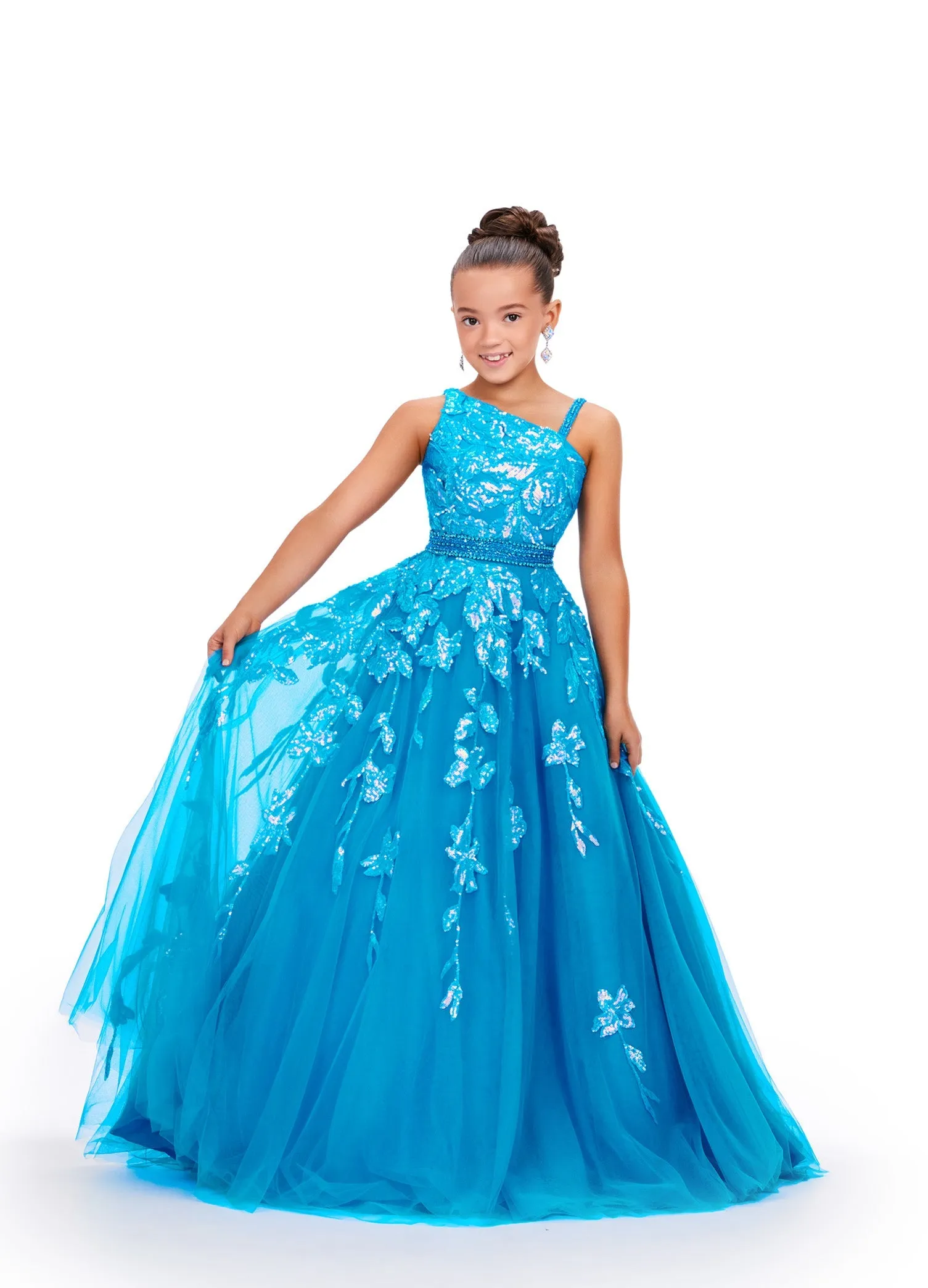 Ashley Lauren Kids 8240 Size 6 Neon Green Girls Long Tulle Sequin Lace Ballgown Pageant Dress One Shoulder