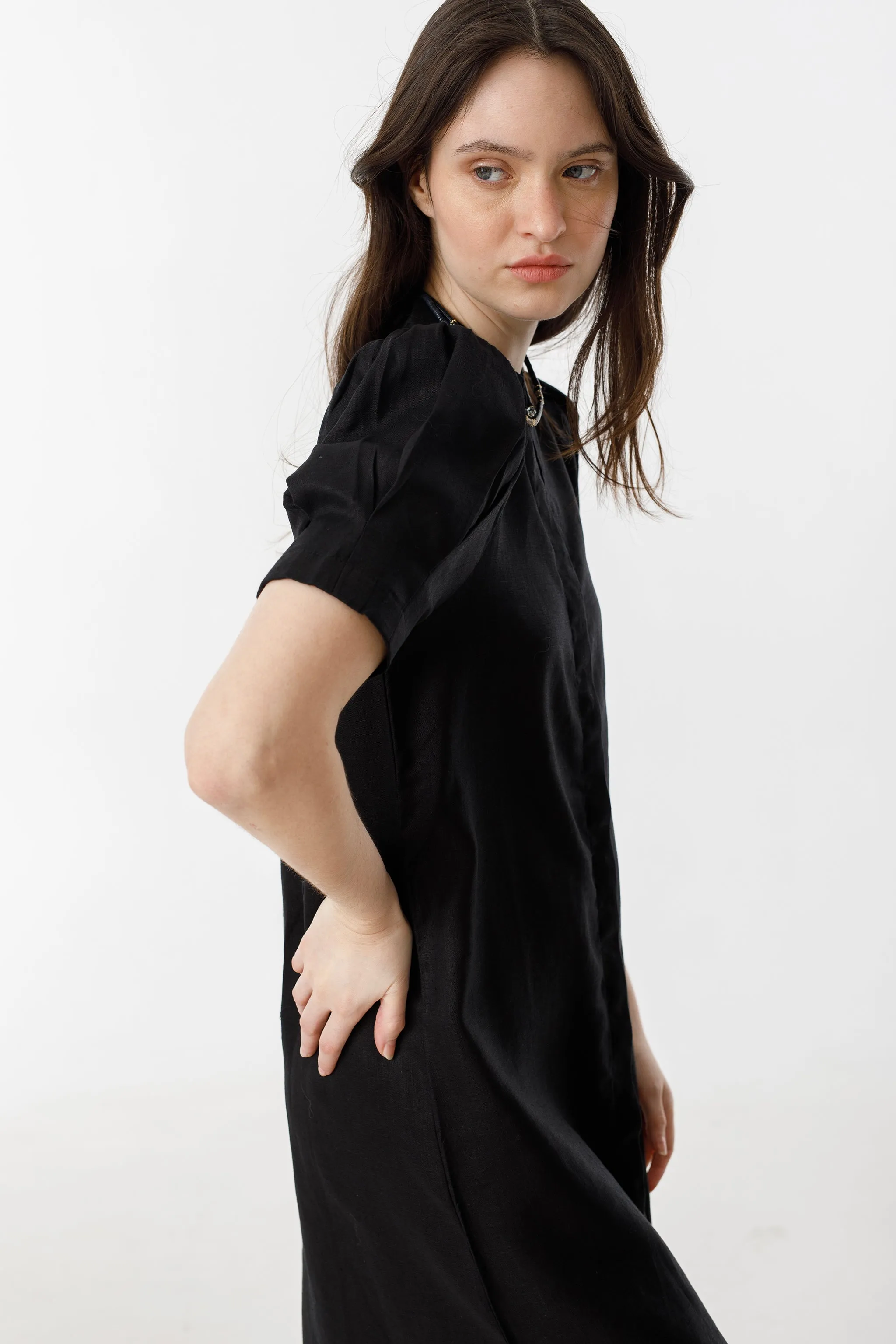 Athina Midi Linen Dress - Black