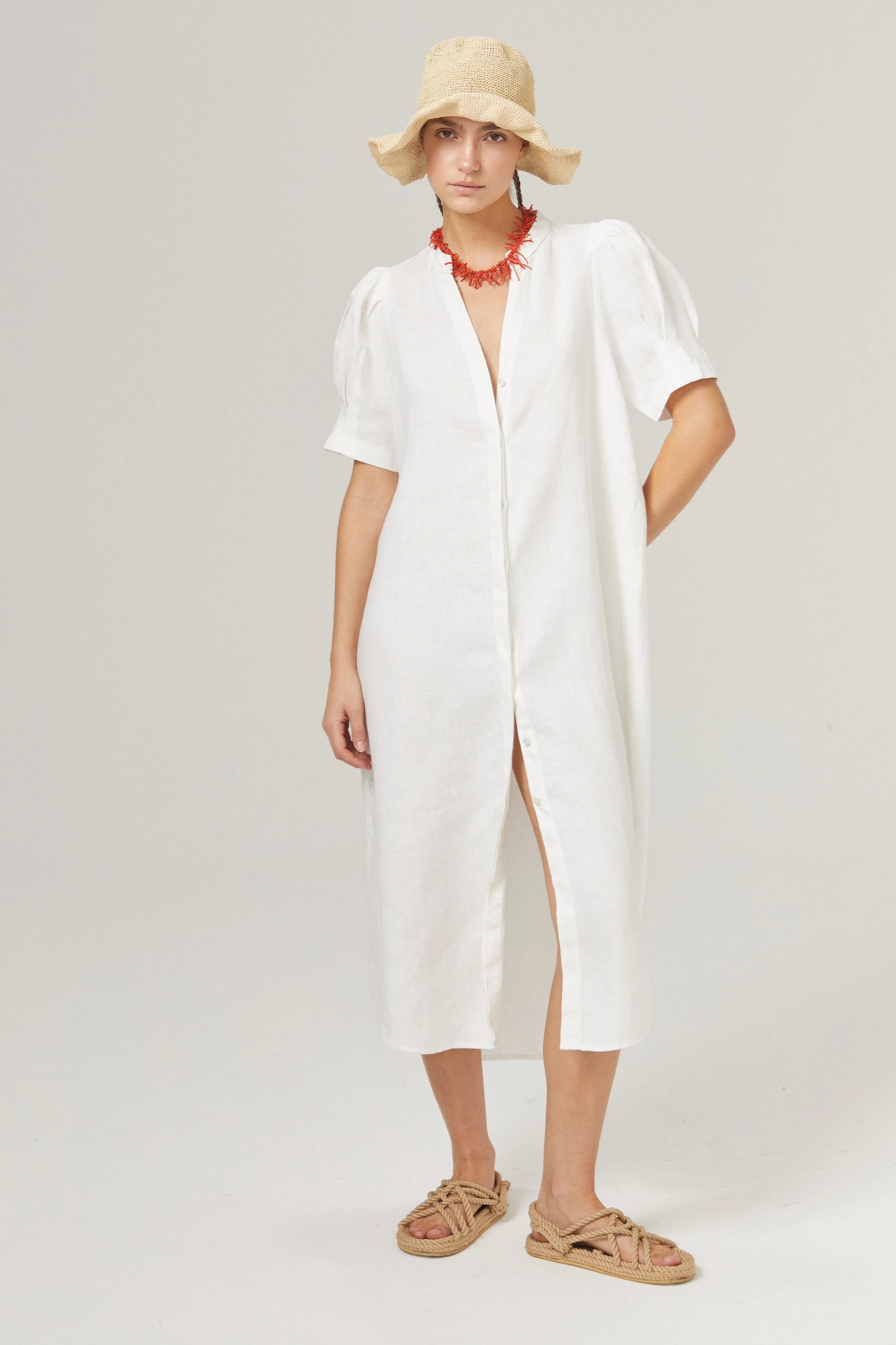 Athina Midi Linen Dress - Off-White