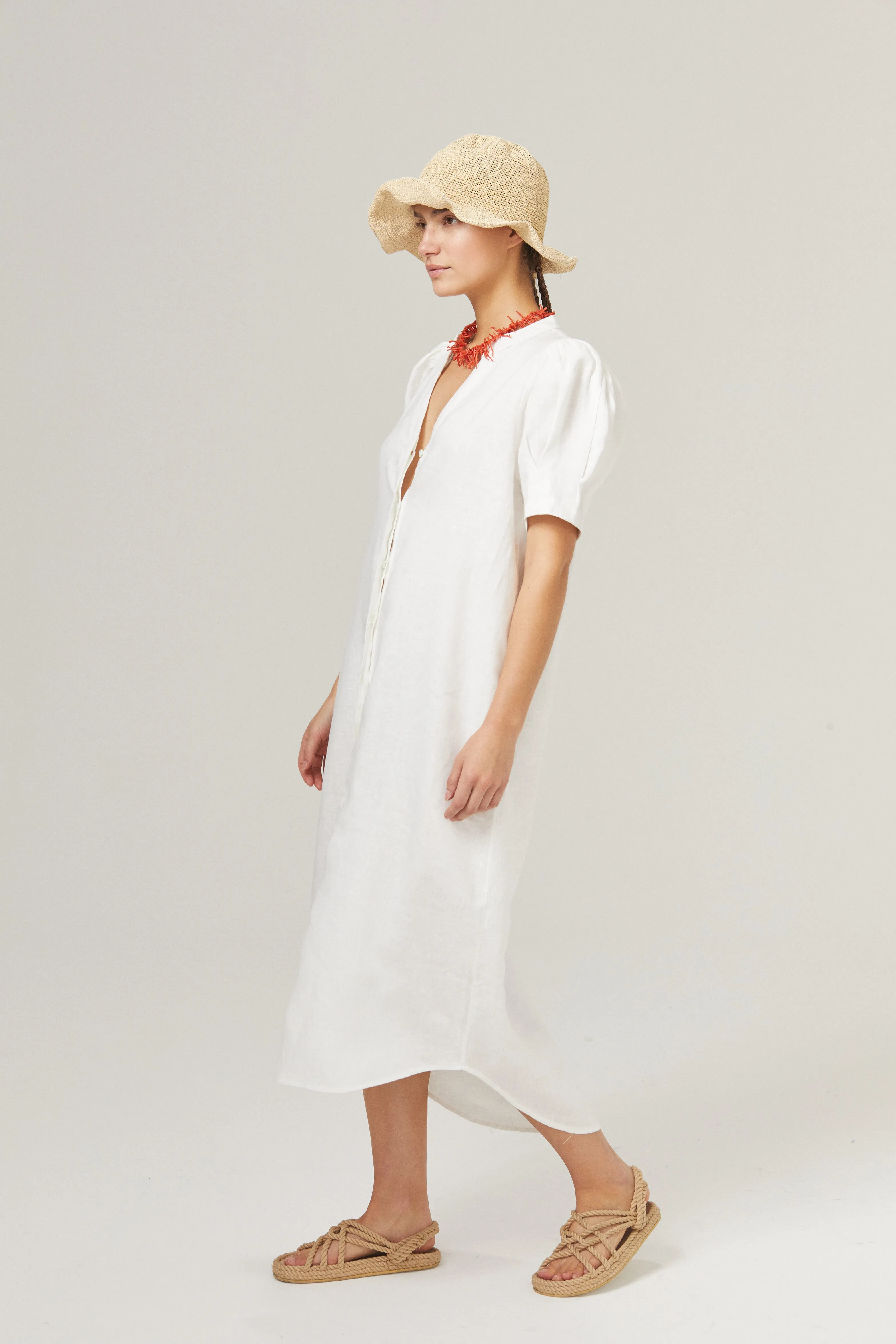 Athina Midi Linen Dress - Off-White
