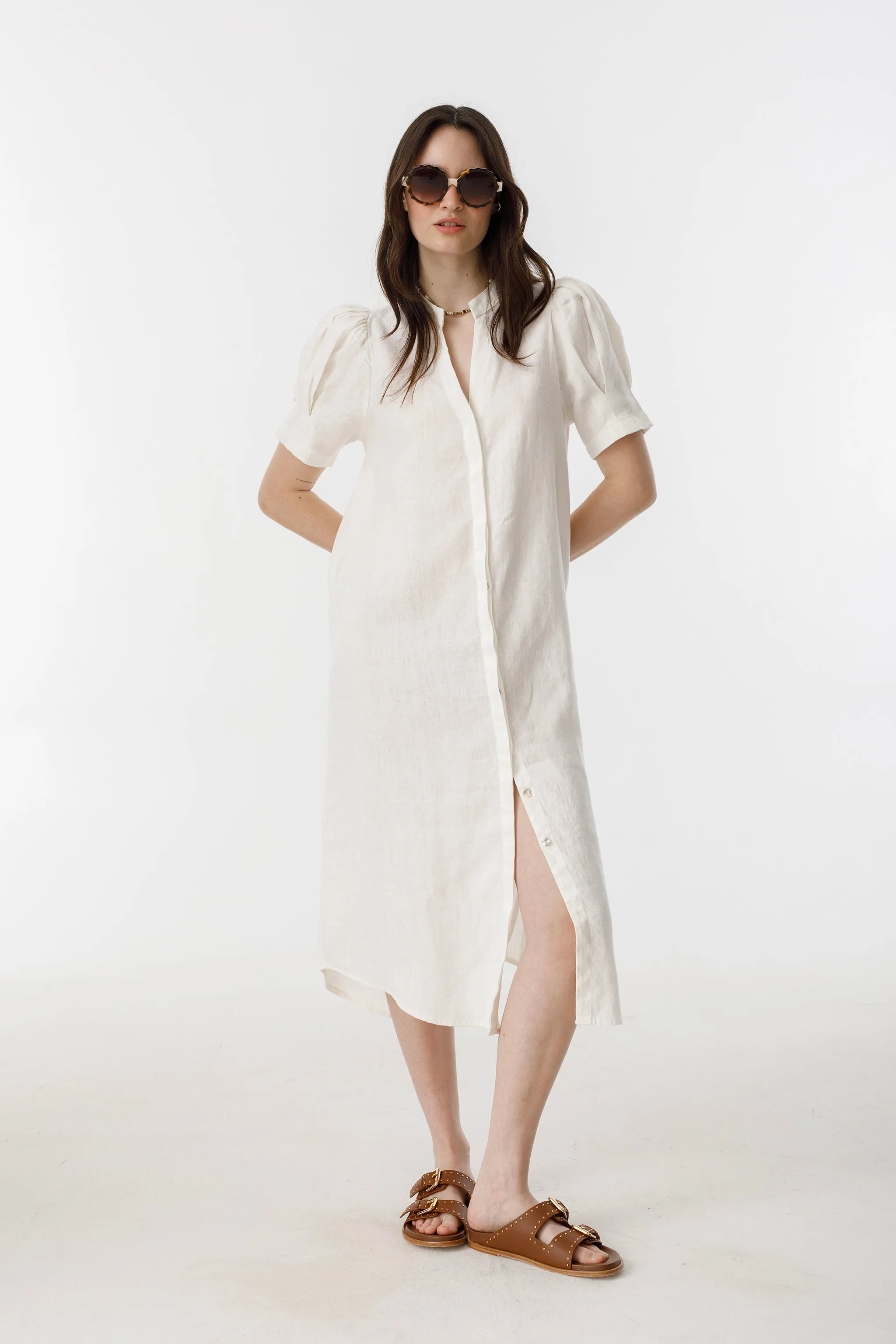 Athina Midi Linen Dress - Off-White